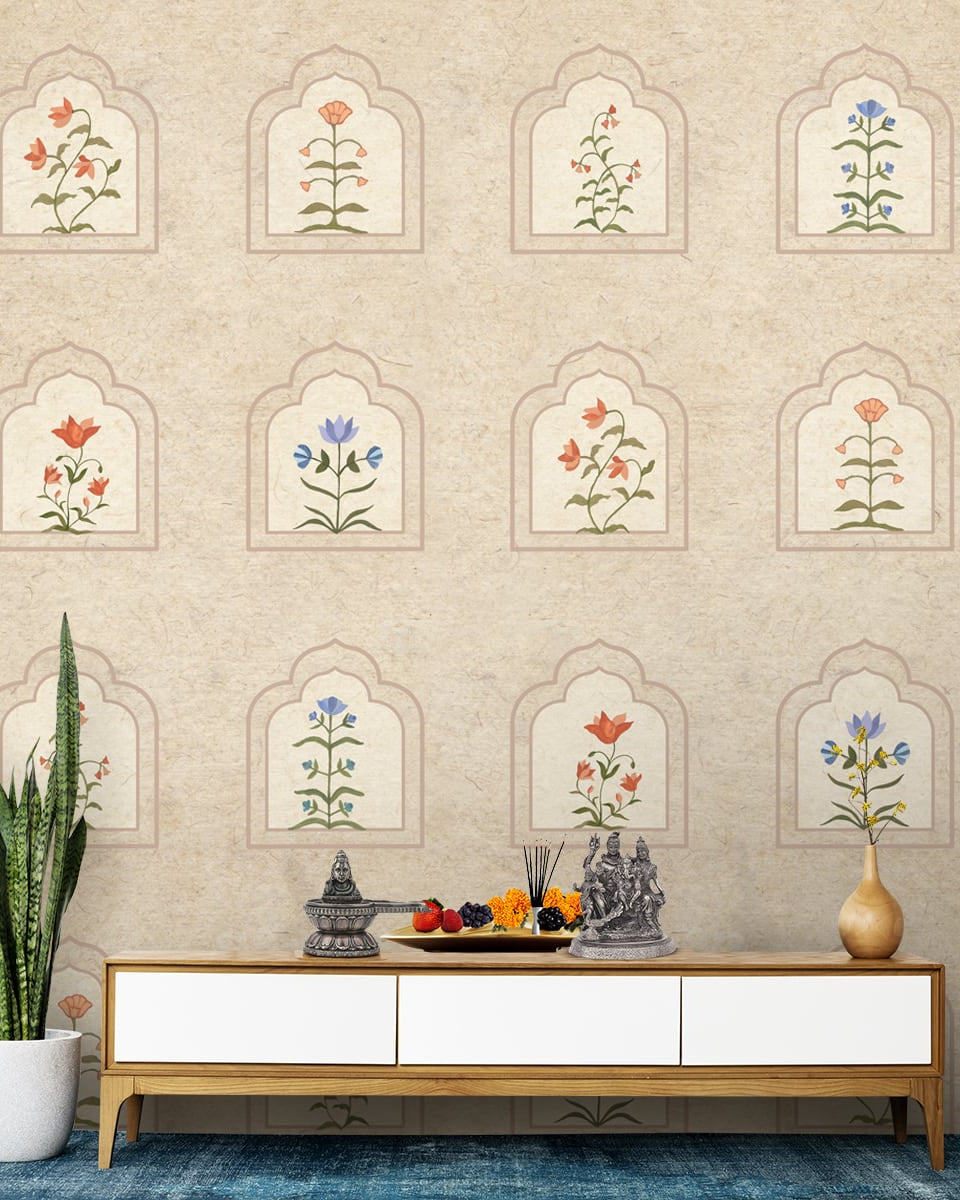 Floral Radiance Framed Jharokha Wallpaper for Rooms, Customised