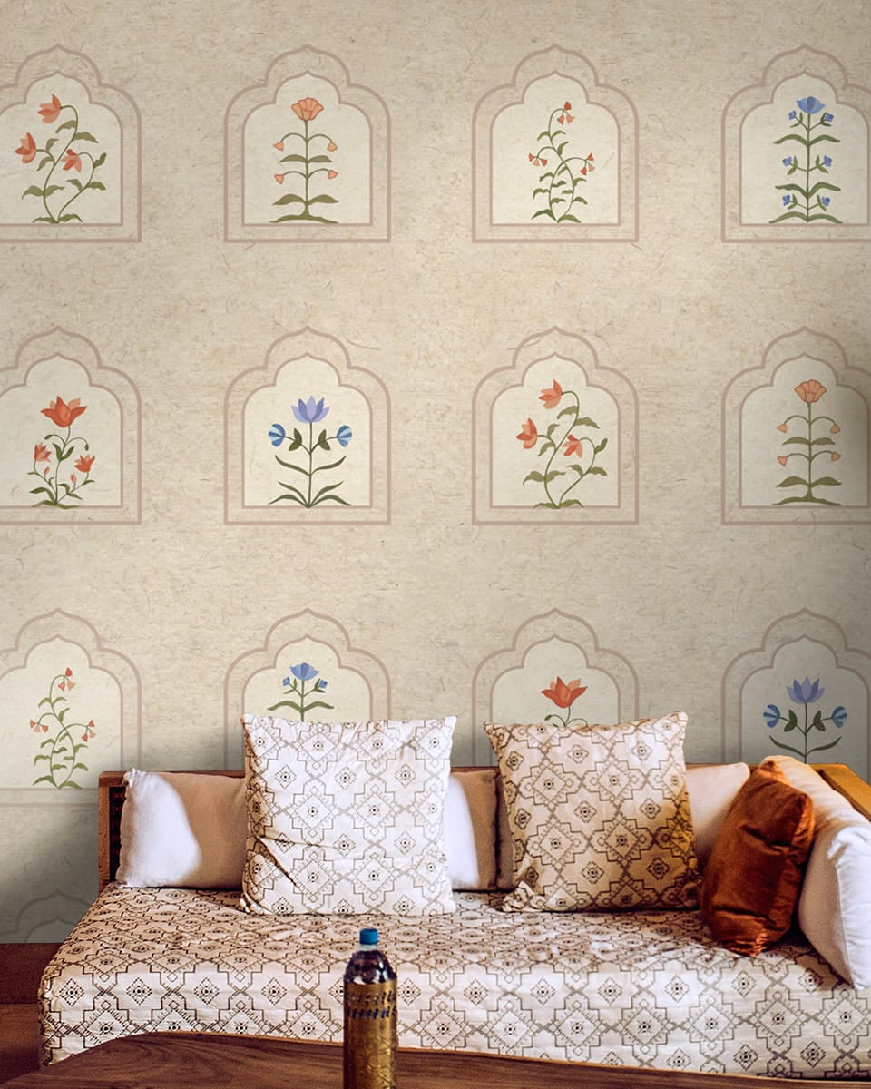 Best Floral Radiance Framed Jharokha Wallpaper for Rooms, Customised