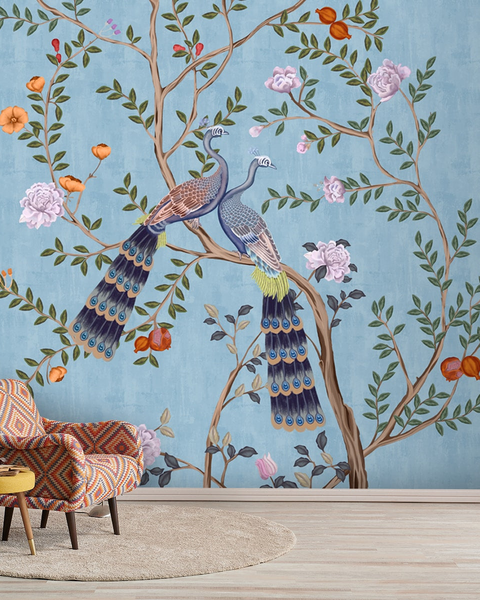 Morni, Peacock and Flowers Chinoiserie Design for Walls, Blue