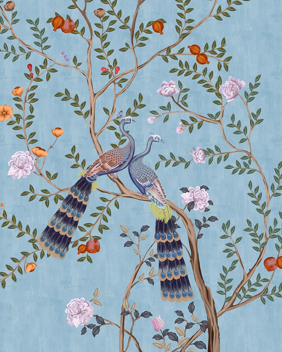 Morni, Peacock and Flowers Chinoiserie Design for Walls, Blue