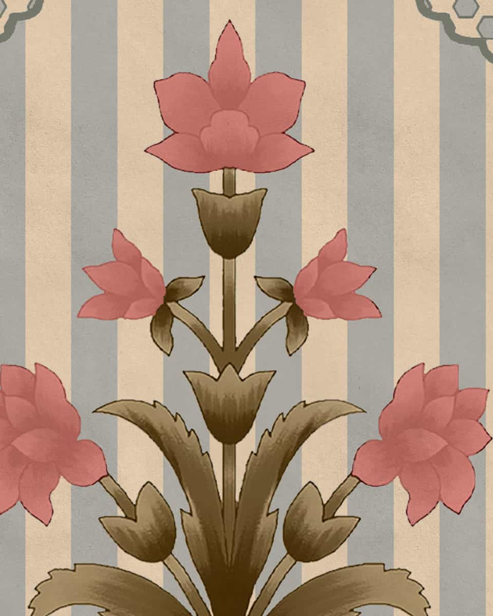 Kusum: Indian Floral Jharokha and Stripes Design Wallpaper