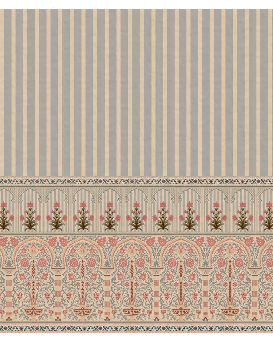 Kusum: Indian Floral Jharokha and Stripes Design Wallpaper