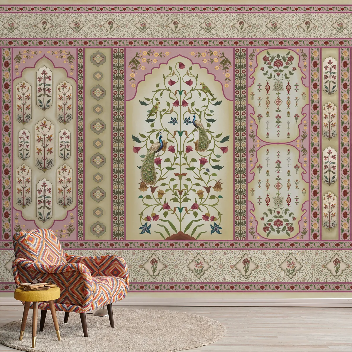 Madhuban Indian Floral Jharoka Wallpaper in Suneherii Collection Pink