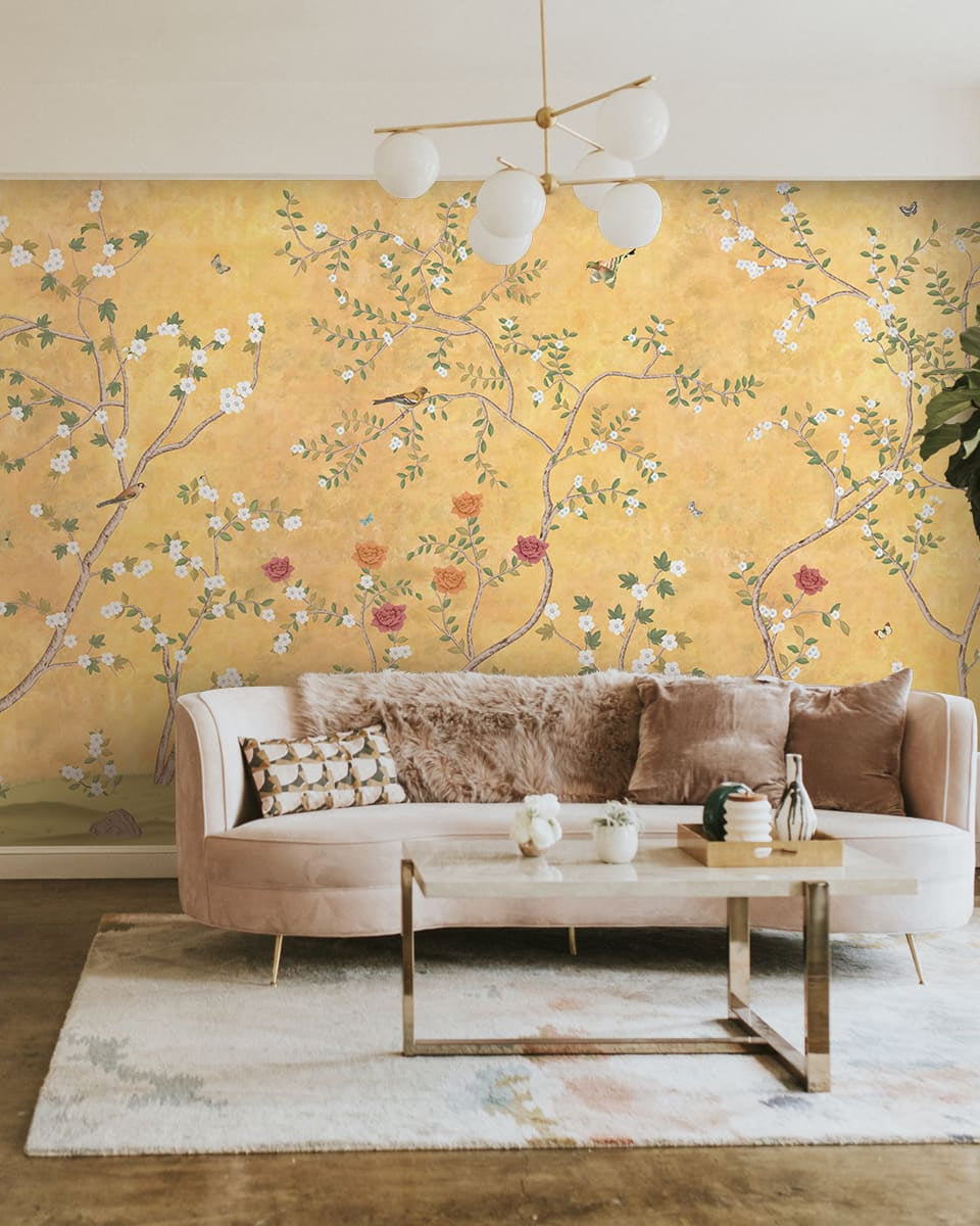 Sunset Serenade, Golden Chinoiserie Wallpaper Design
