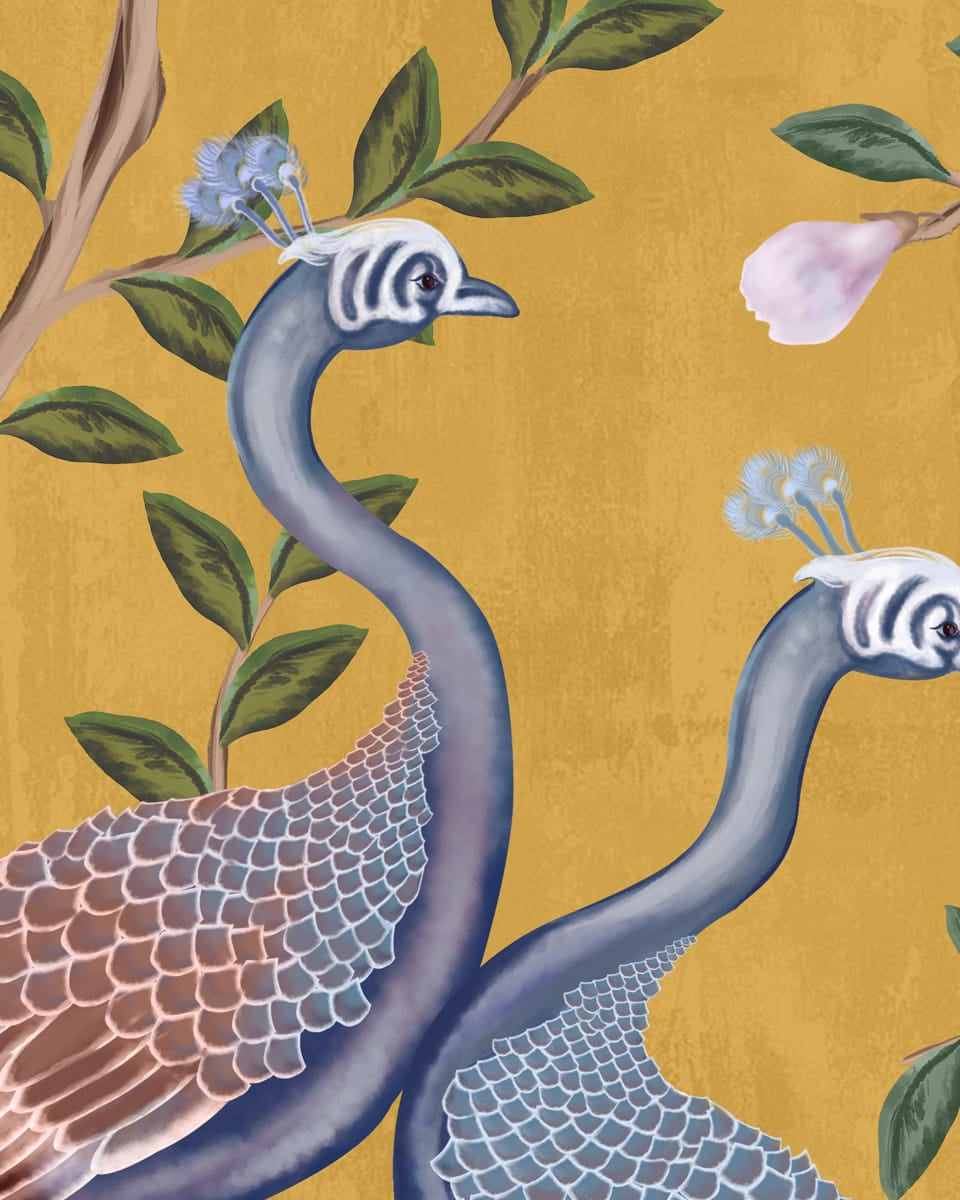 Morni, Peacock and Flowers Chinoiserie Design, Yellow