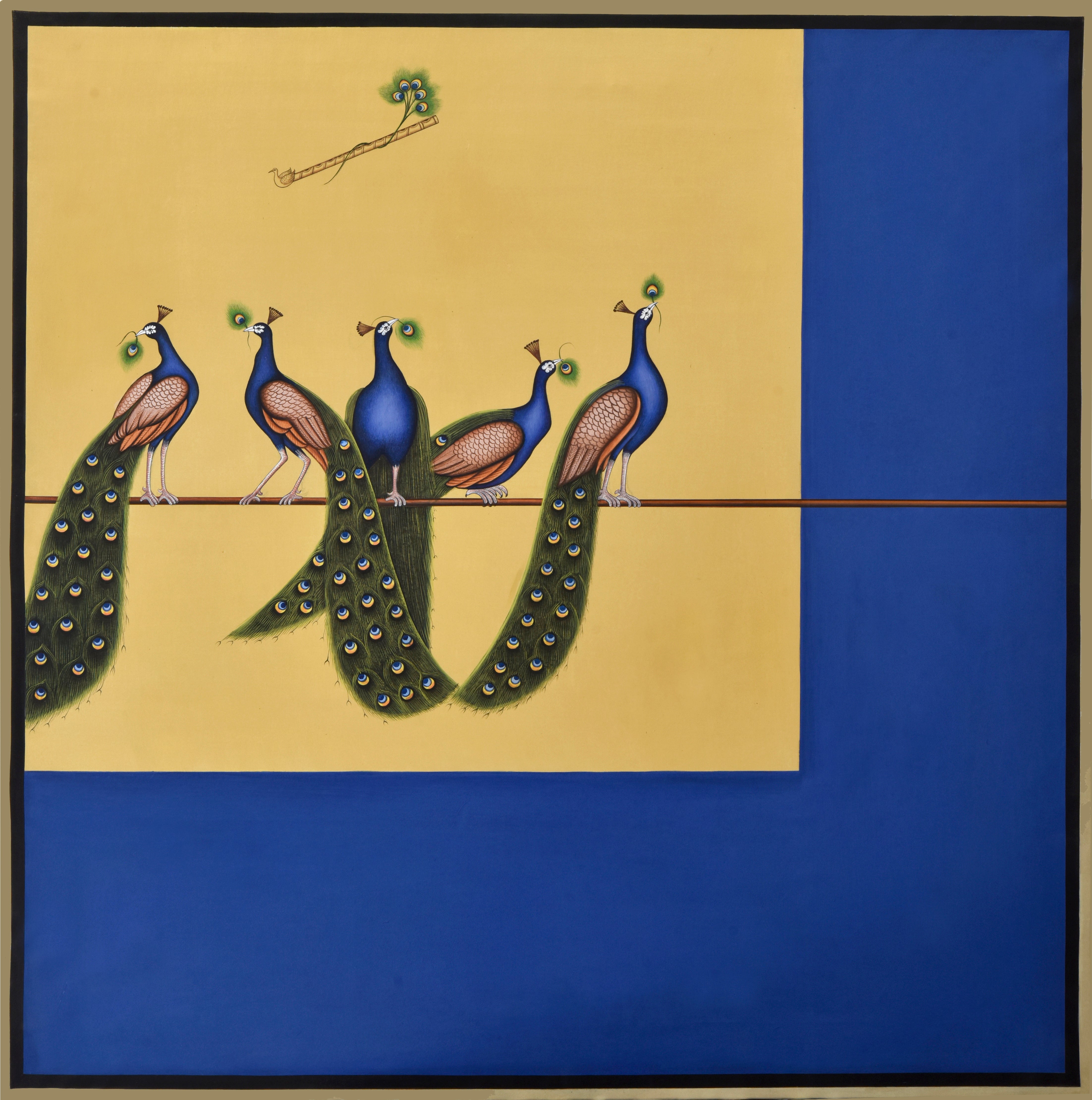 Pichwai Painting | Abstract Peacocks and Krishna's Flute - Royal Blue | Indian Art