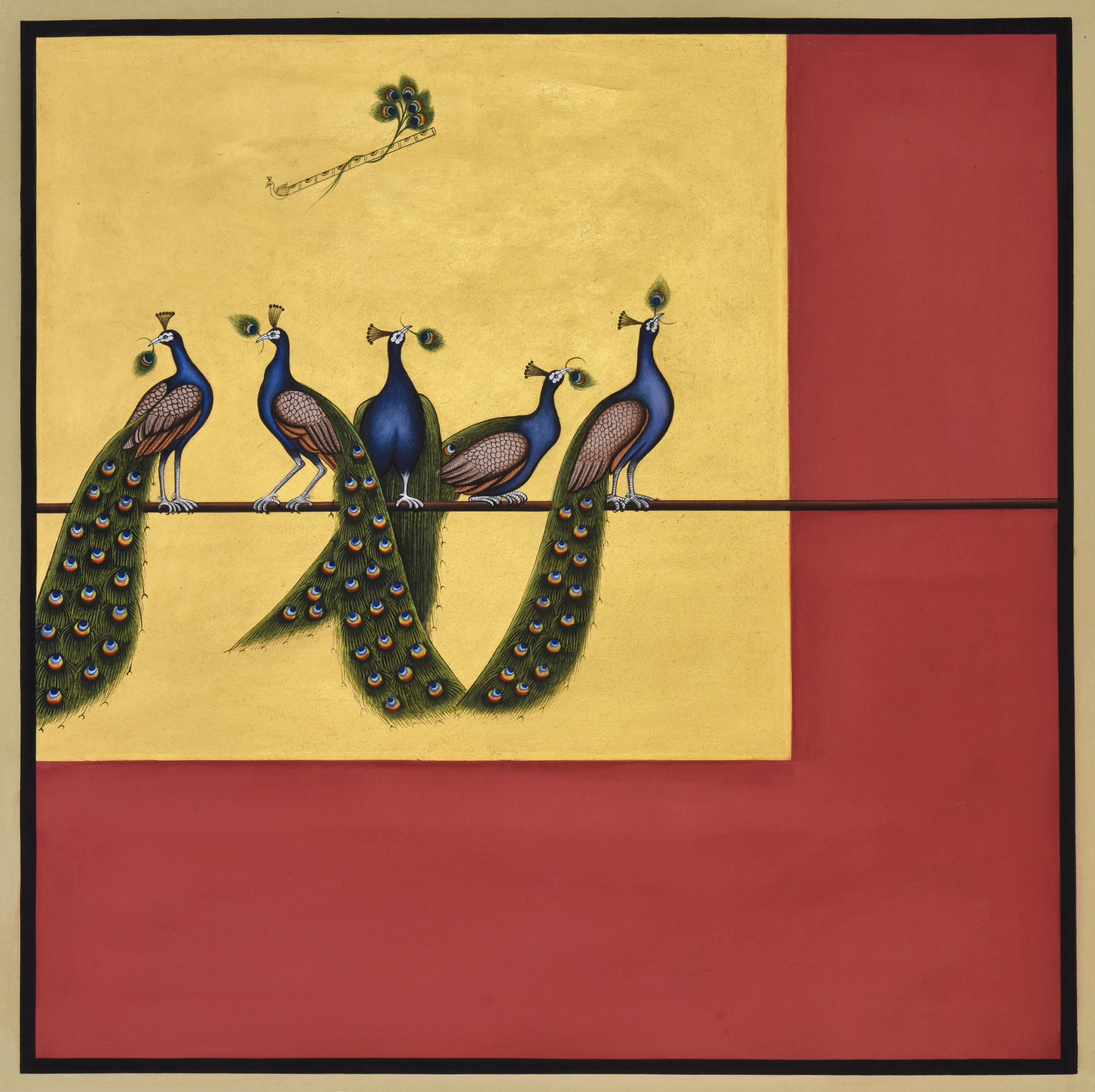 Pichwai Painting | Abstract Peacocks and Krishna's Flute - Coral | Indian Art