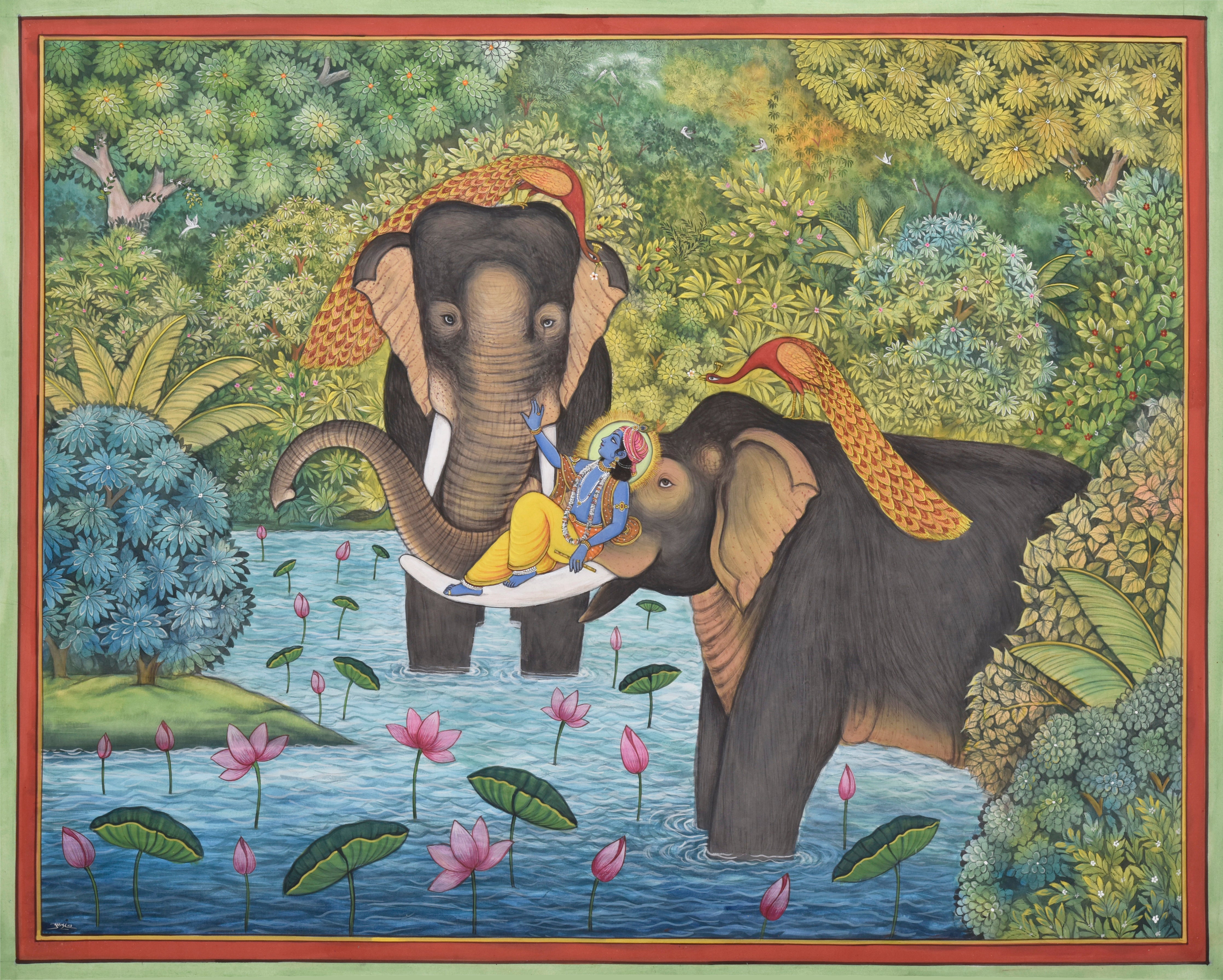 Pichwai Painting | Elephants and Lord Krishna Joyous in Lake | Indian Art