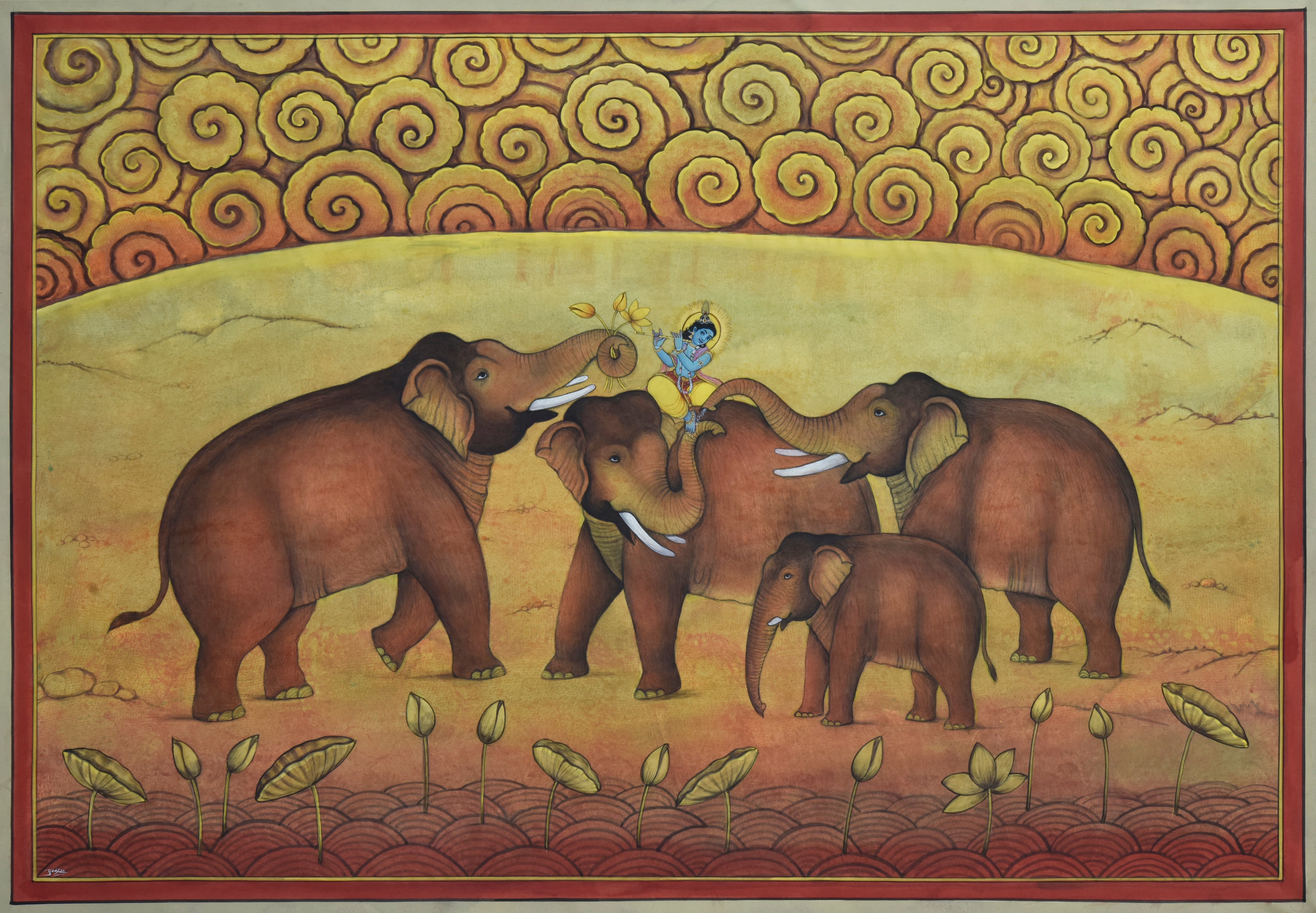 Pichwai Painting | Elephants Playing with Lord Krishna | Indian Art