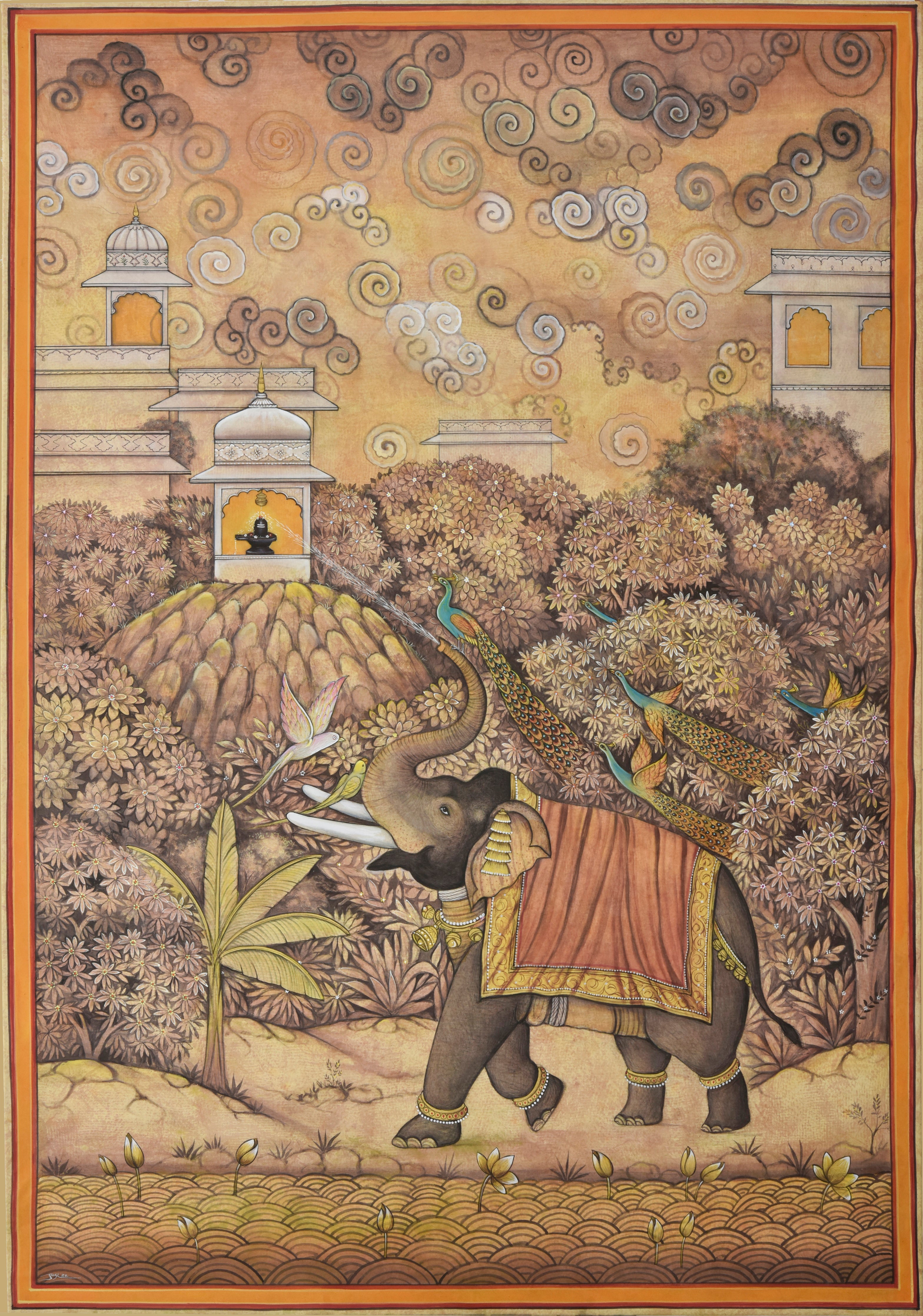 Pichwai Painting | Elephants, Peacocks and Shiva Lingam | Indian Art