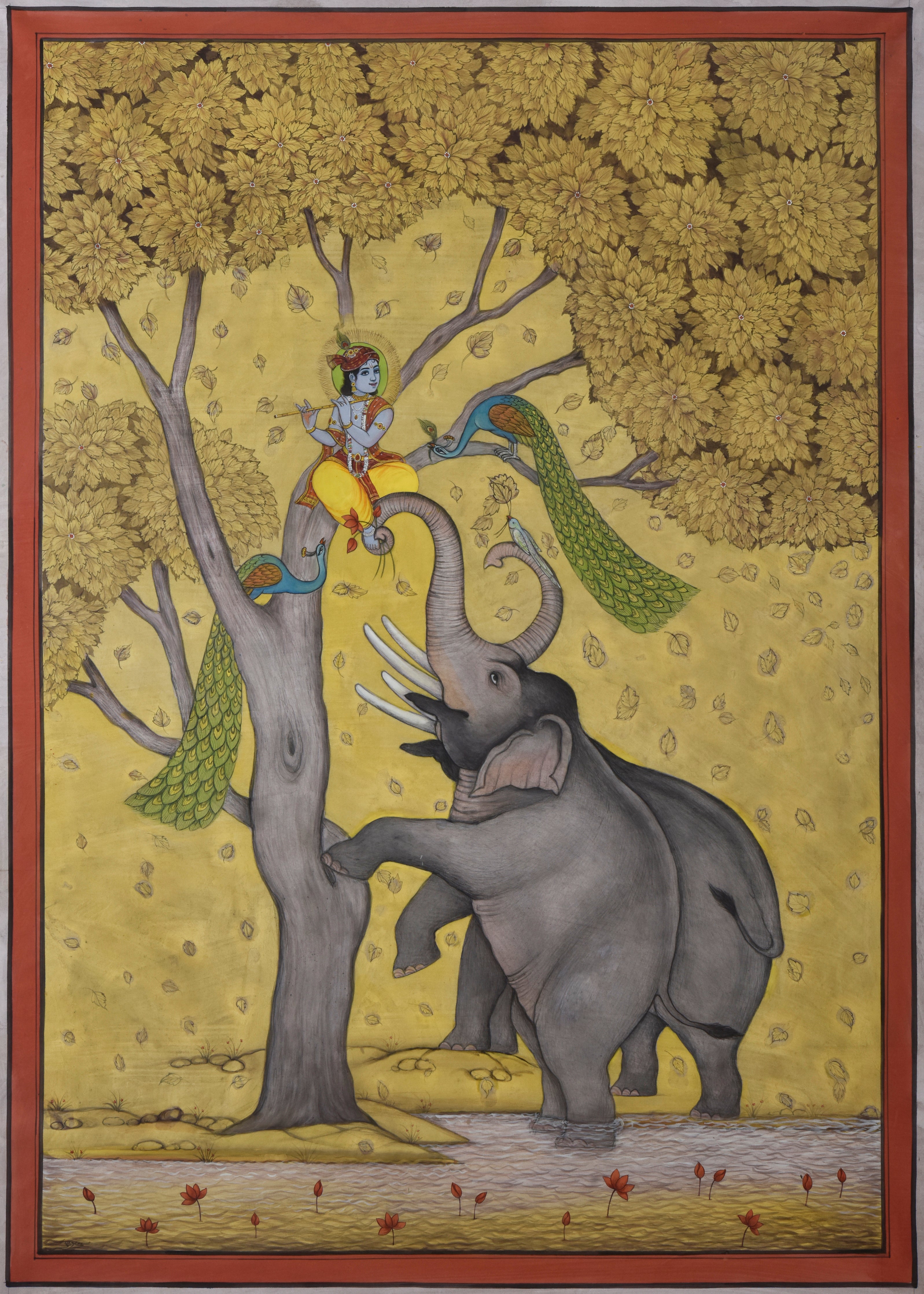 Pichwai Painting | Elephants and Lord Krishna Playing in Tree | Indian Art