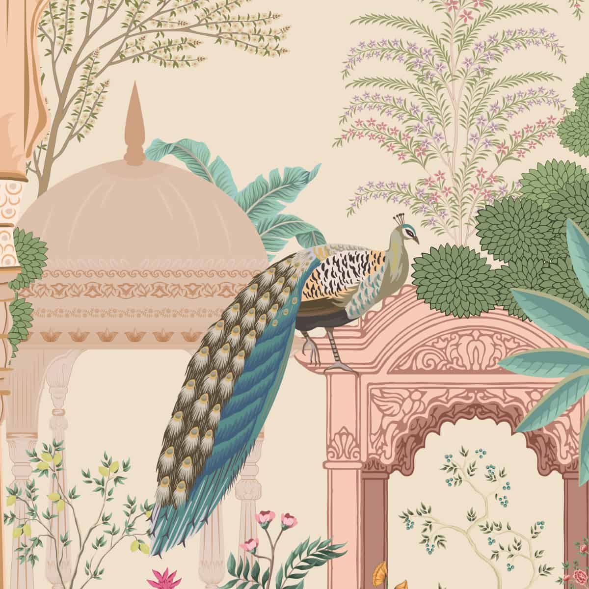 Aangan Indian Theme Wallpaper with Peacocks - Marble Lotus - Aangan Indian Theme Wallpaper with Peacocks