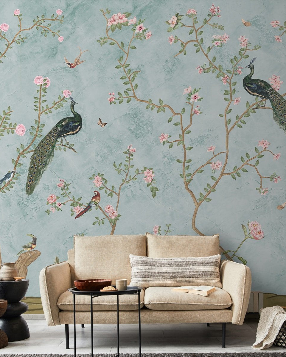 Bagiya, Peacock Chinoiserie Wallpaper, Customised - Marble Lotus - Bagiya, Peacock Chinoiserie Wallpaper, Customised