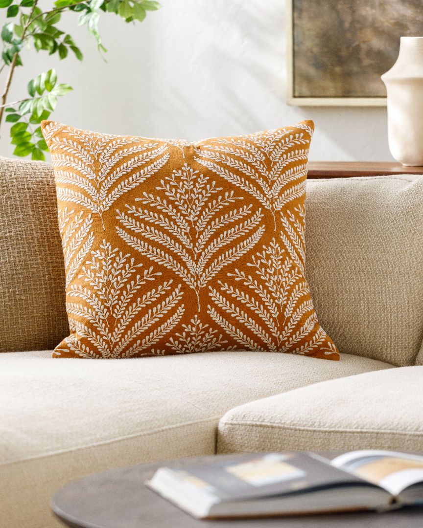 Camel Linen Embroidered Pillow - Marble Lotus - Buy Camel Linen Embroidered Pillows