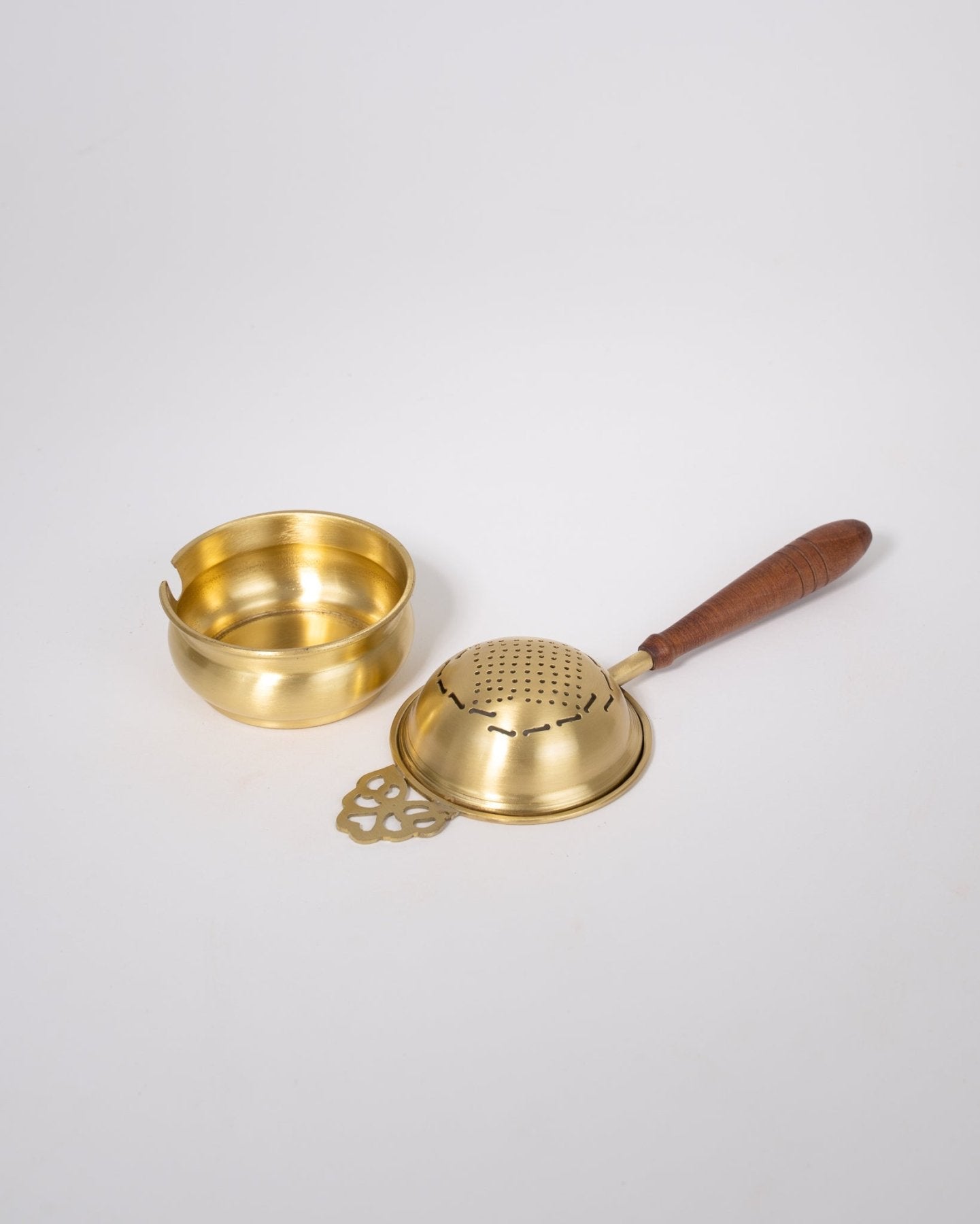 Chai Strainer with Wood Handle - Marble Lotus - Buy the Brass Chai Strainer with Wood Handle at Marble Lotus