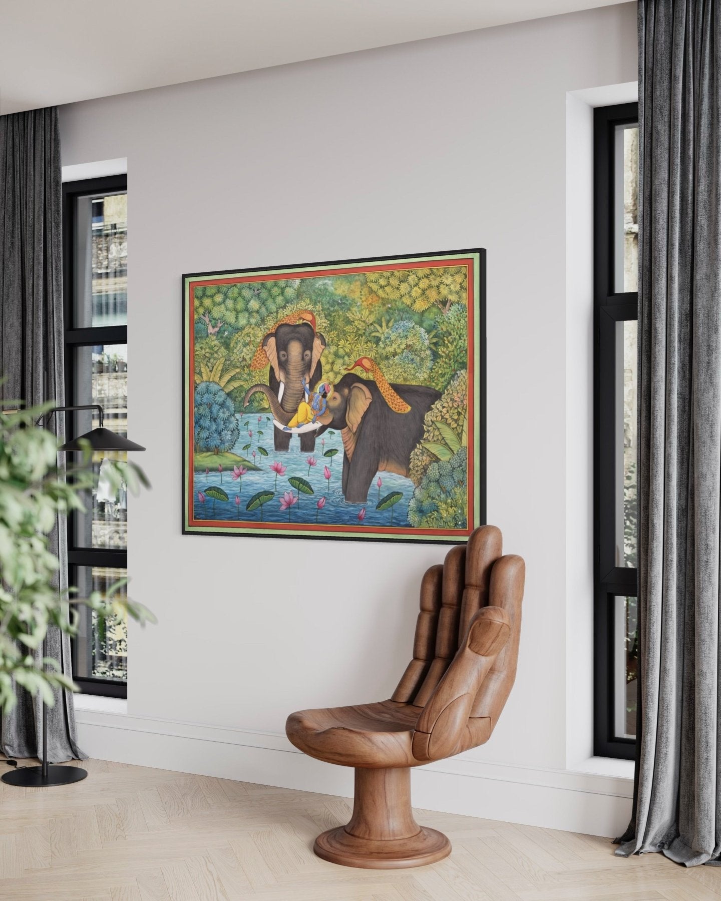 Elephants and Lord Krishna Joyous in Lake - Marble Lotus - Pichwai Painting | Elephants and Lord Krishna Joyous in Lake | Modern Home