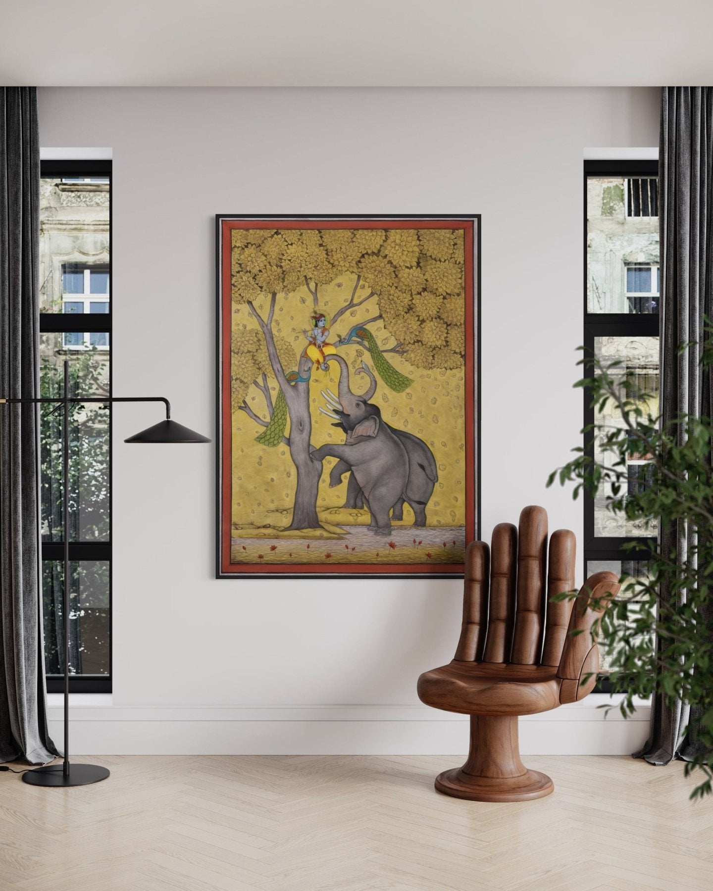 Elephants and Lord Krishna Playing in Tree - Marble Lotus - Pichwai Painting | Elephants and Lord Krishna Playing in Tree | Modern Home