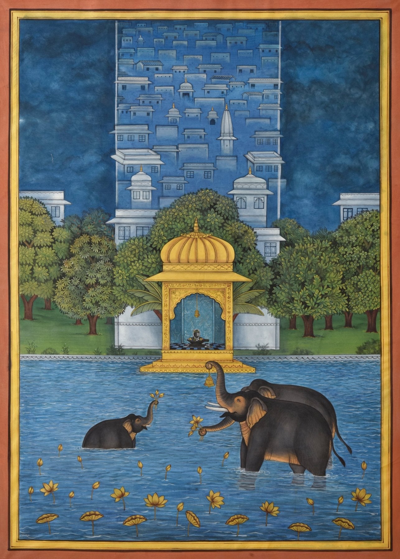 Elephants Playing in Lake - Marble Lotus - Pichwai Painting | Elephants Playing in Lake | Indian Art