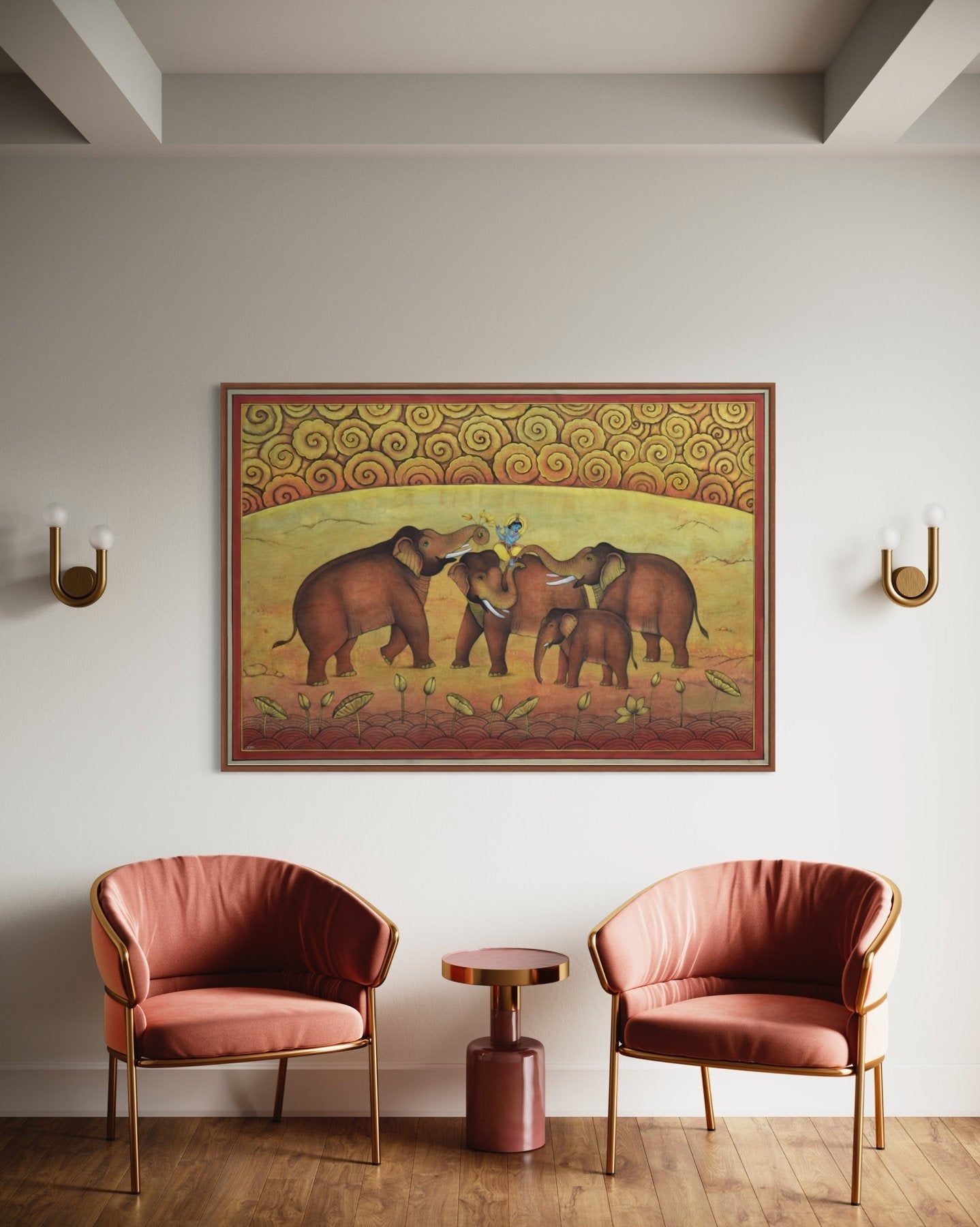 Elephants Playing with Lord Krishna - Marble Lotus - Pichwai Painting | Elephants Playing with Lord Krishna | Modern Home