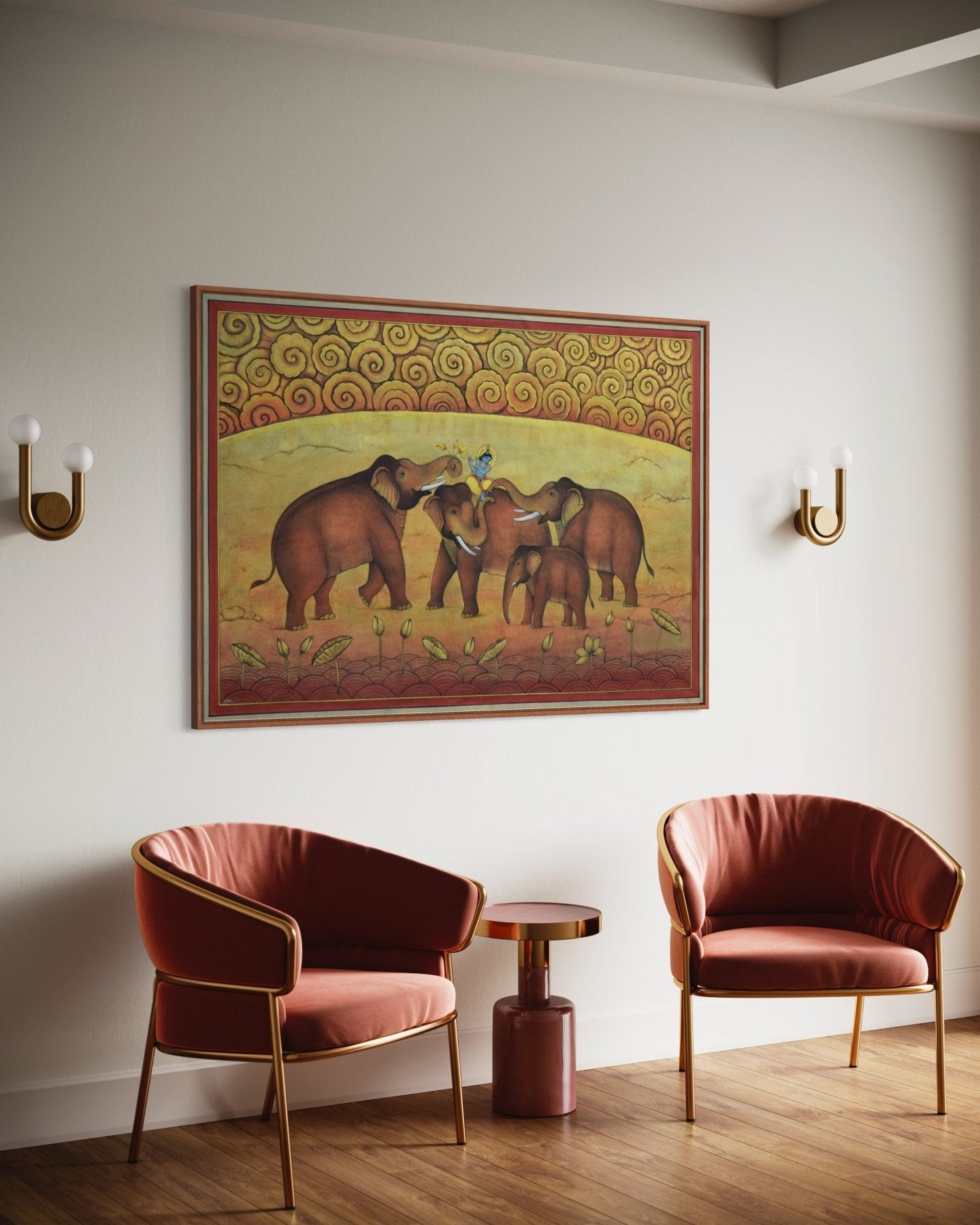 Elephants Playing with Lord Krishna - Marble Lotus - Pichwai Painting | Elephants Playing with Lord Krishna | Modern Home