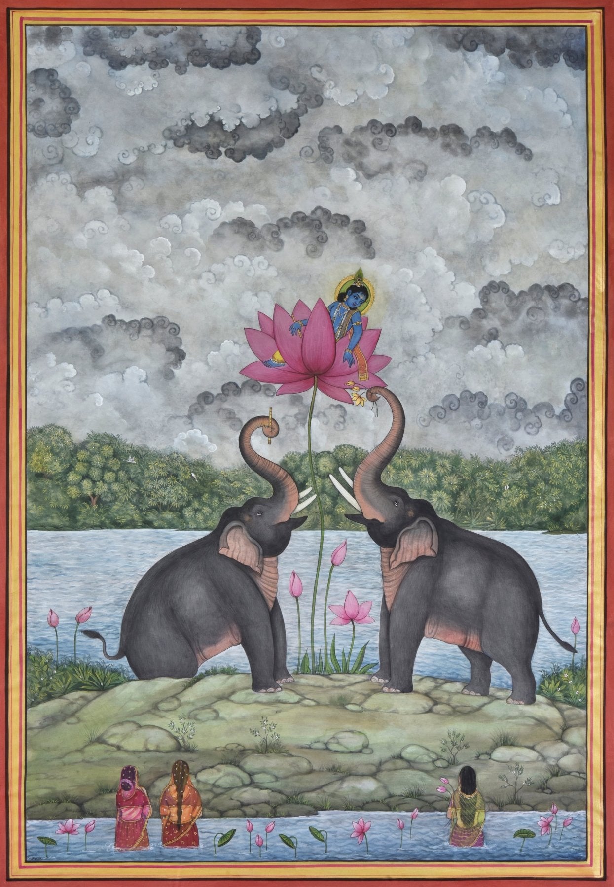 Elephants with Lord Krishna in Lotus - Marble Lotus - Pichwai Painting | Elephants with Lord Krishna in Lotus | Indian Art