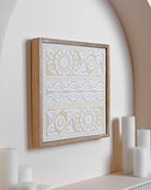 Ivory Framed Suzani Textile 16x16" - Marble Lotus - Purchase Suzani Textile White Wooden Wall Art.