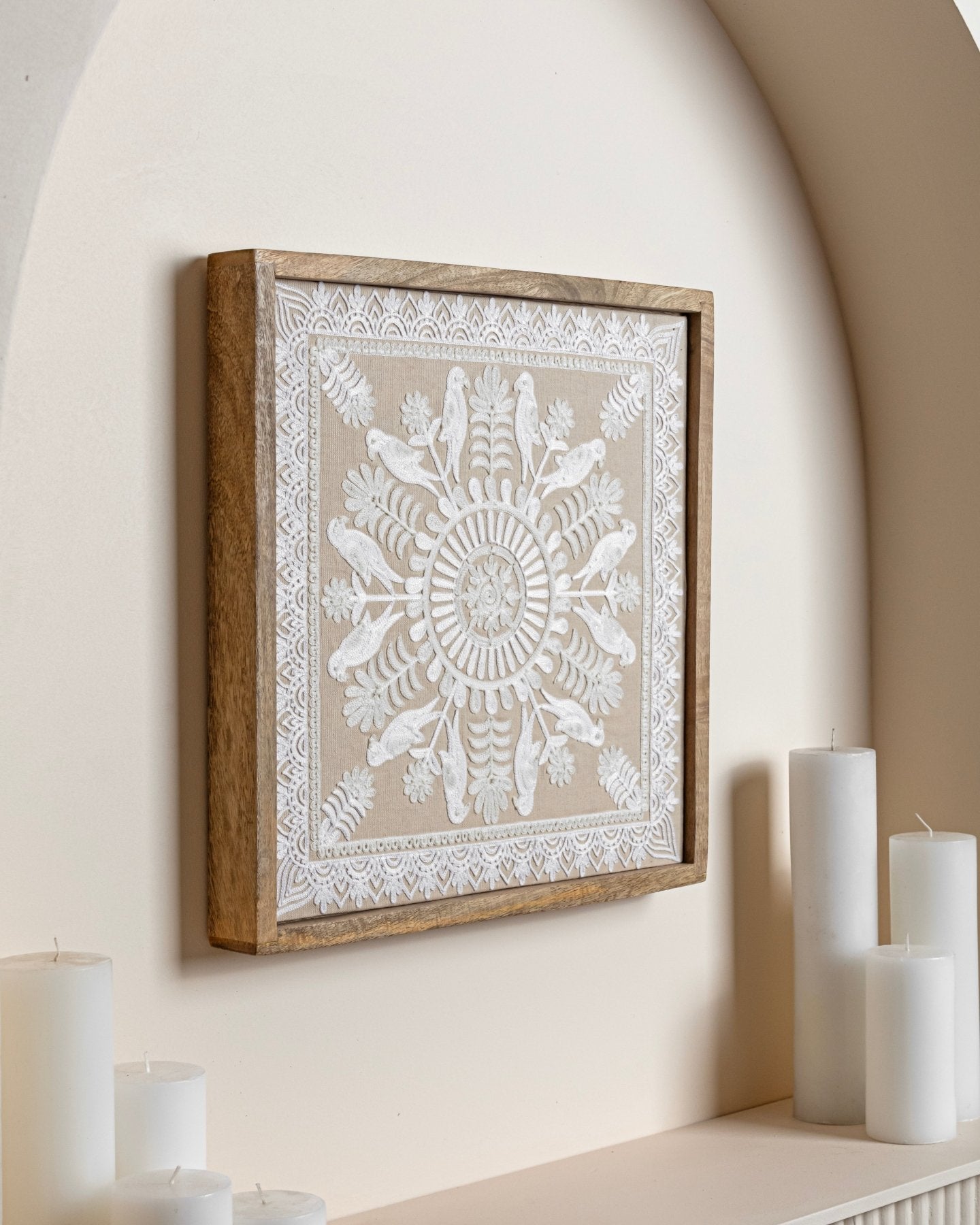 Ivory Framed Suzani Textile 16x16" - Marble Lotus - Buy Suzani Textile | White Framed Textile Art 16x16"