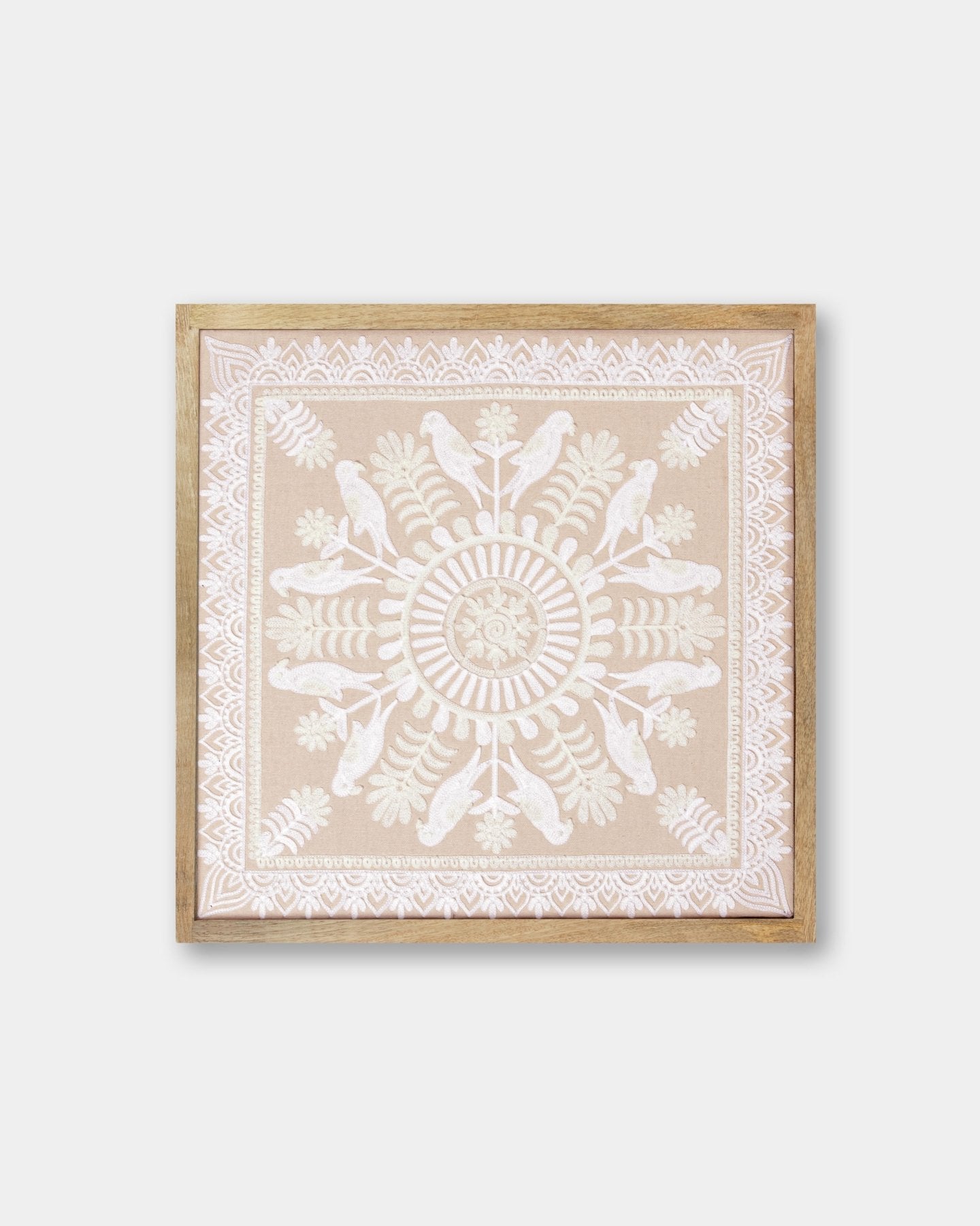 Ivory Framed Suzani Textile 16x16" - Marble Lotus - Suzani Textile | White Framed Textile Art 16x16