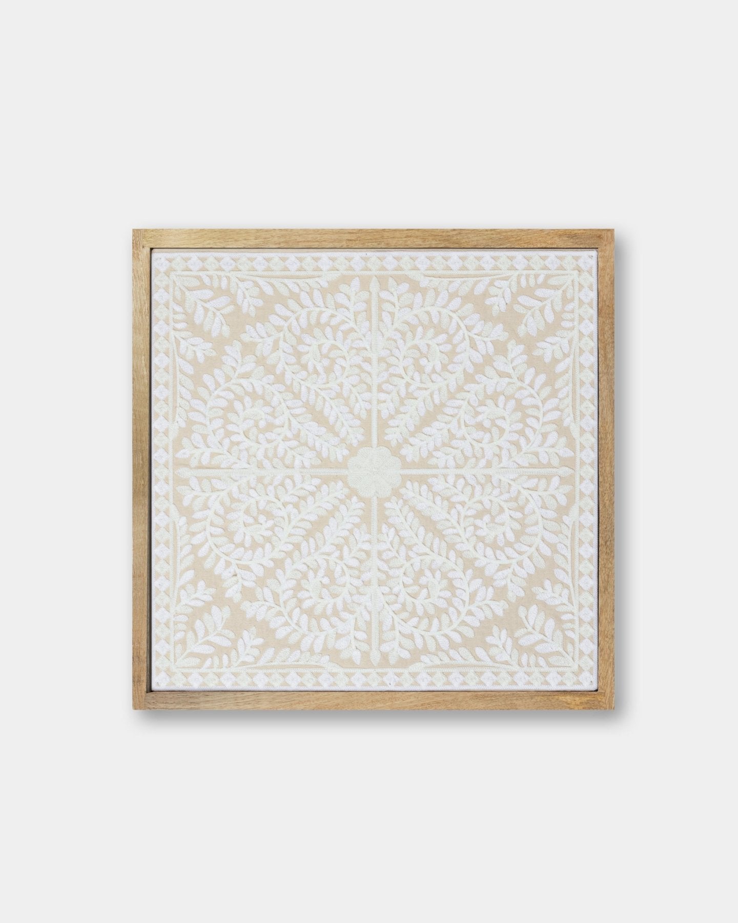 Ivory Framed Suzani Textile 16x16" - Marble Lotus - Suzani Textile White Wooden Wall Art