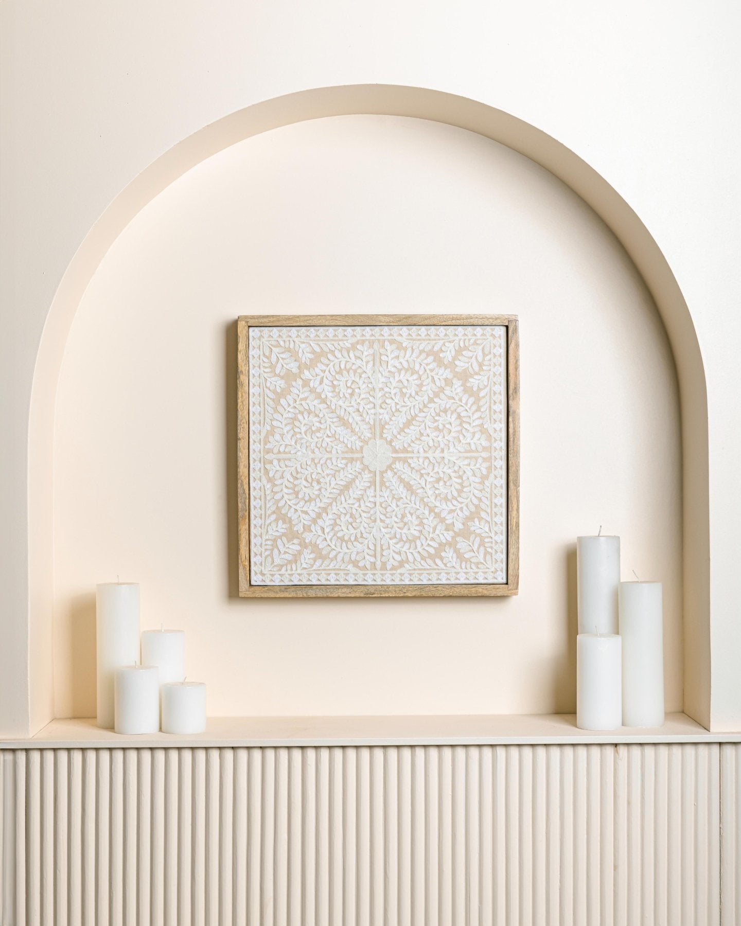 Ivory Framed Suzani Textile 16x16" - Marble Lotus - Shop Suzani Textile White Wooden Wall Art.