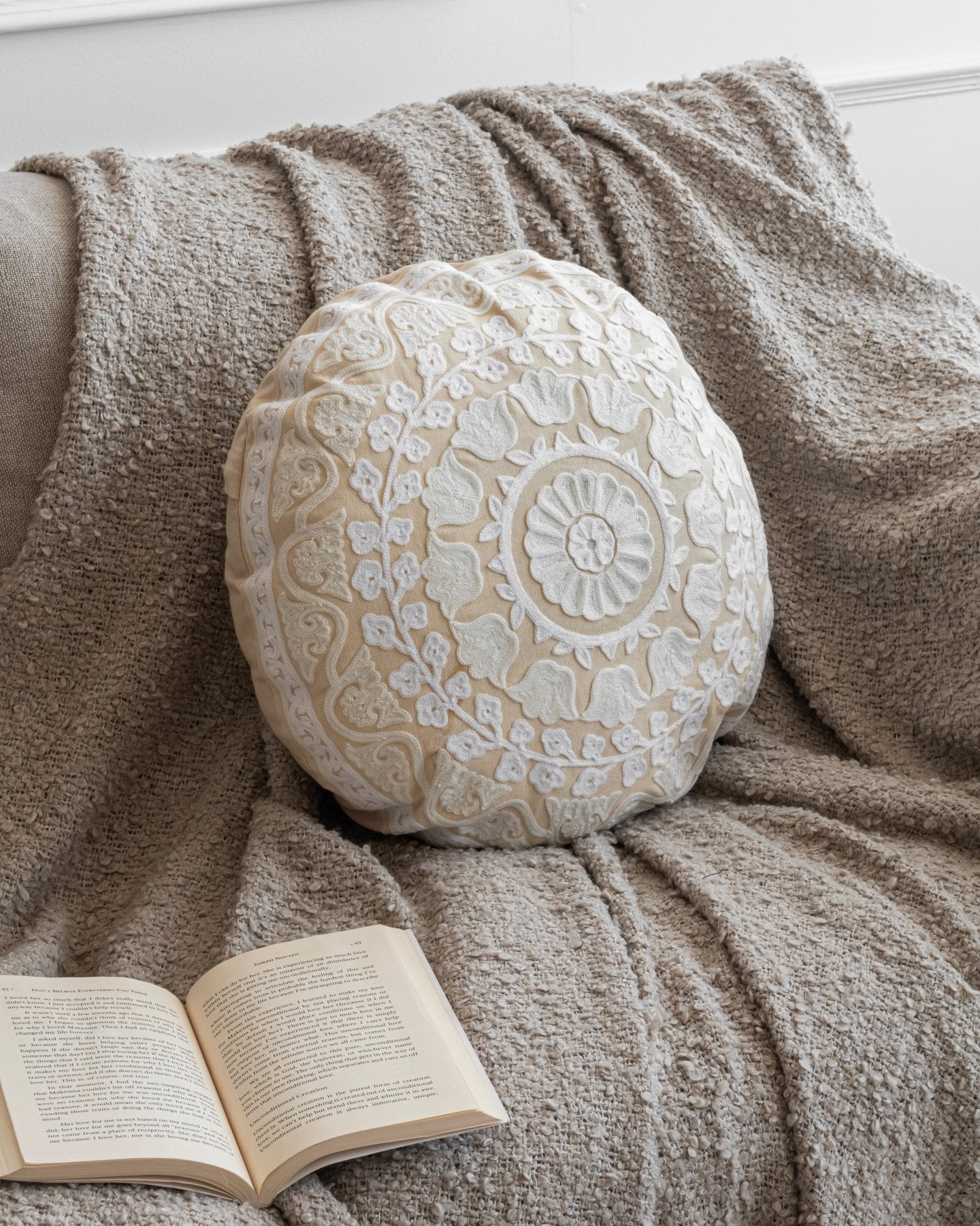 Ivory Suzani Pillow Cover Flora 16" Round - Marble Lotus - White Suzani Pillow Cover (16” Round).