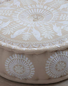 Ivory Suzani Pouf Fauna - Marble Lotus - White Suzani Pouf Ottoman Fauna. Get it now | Marble Lotus