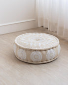 Ivory Suzani Pouf Fauna - Marble Lotus - Suzani Ottoman | Meditation Pouf | Stackable Pouf | White | Handmade