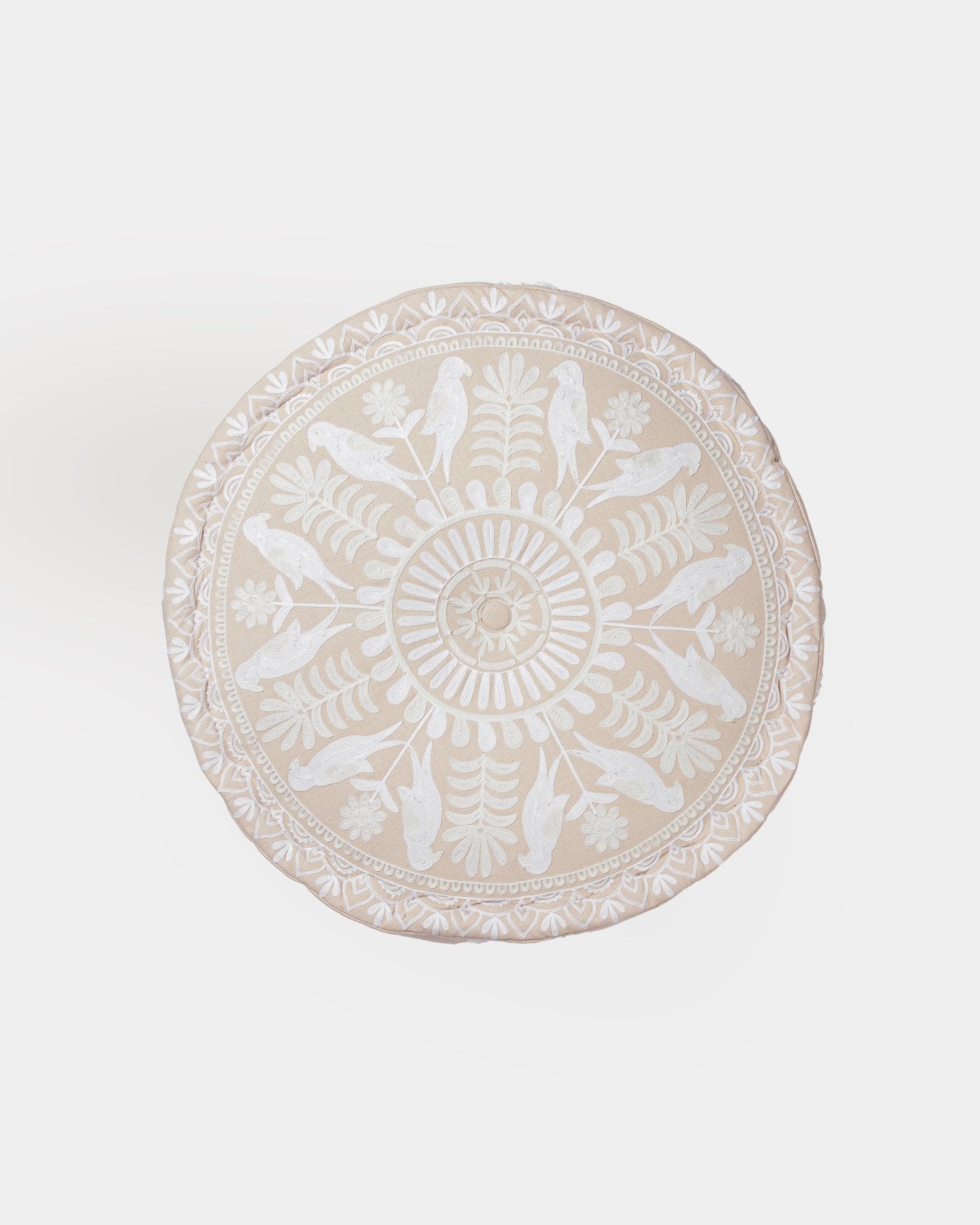 Ivory Suzani Pouf Fauna - Marble Lotus - White Suzani Pouf Ottoman Fauna.