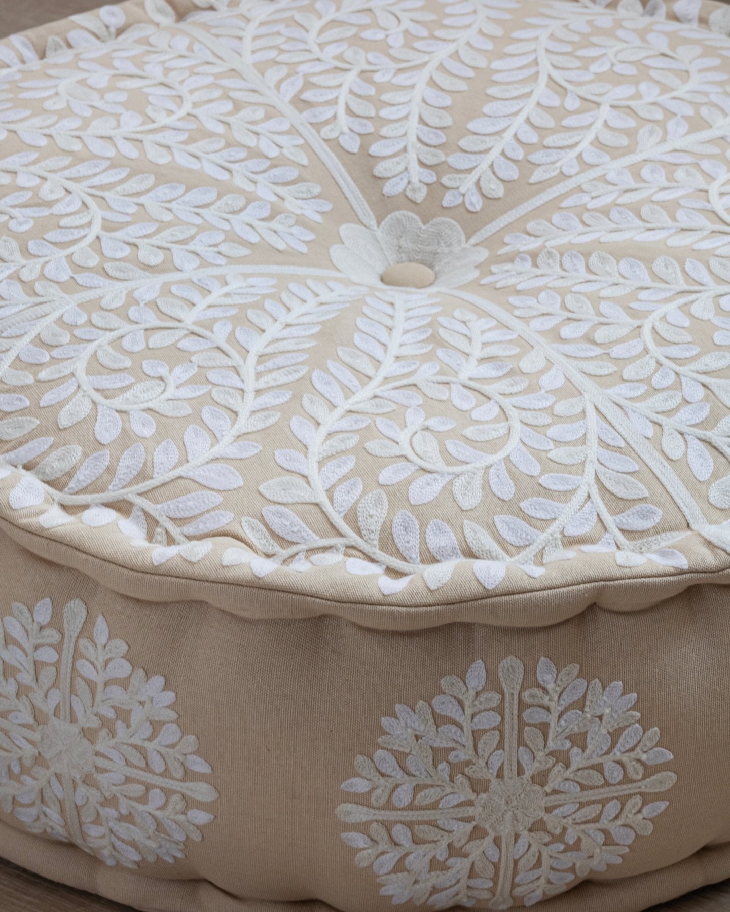 Ivory Suzani Pouf Foliage - Marble Lotus - Foliage Suzani Pouf Ivory. Purchase today | Marble Lotus