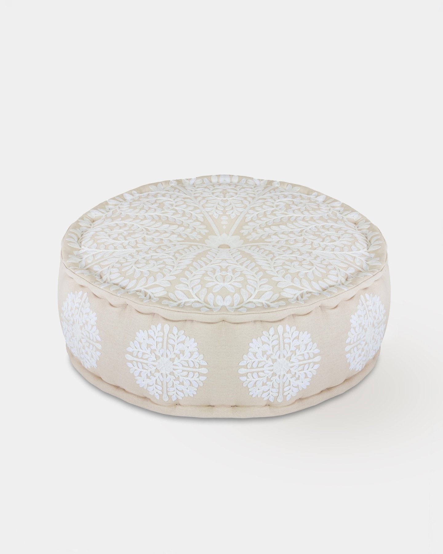 Ivory Suzani Pouf Foliage - Marble Lotus - Foliage Suzani Pouf Ivory. Shop Now | Marble Lotus