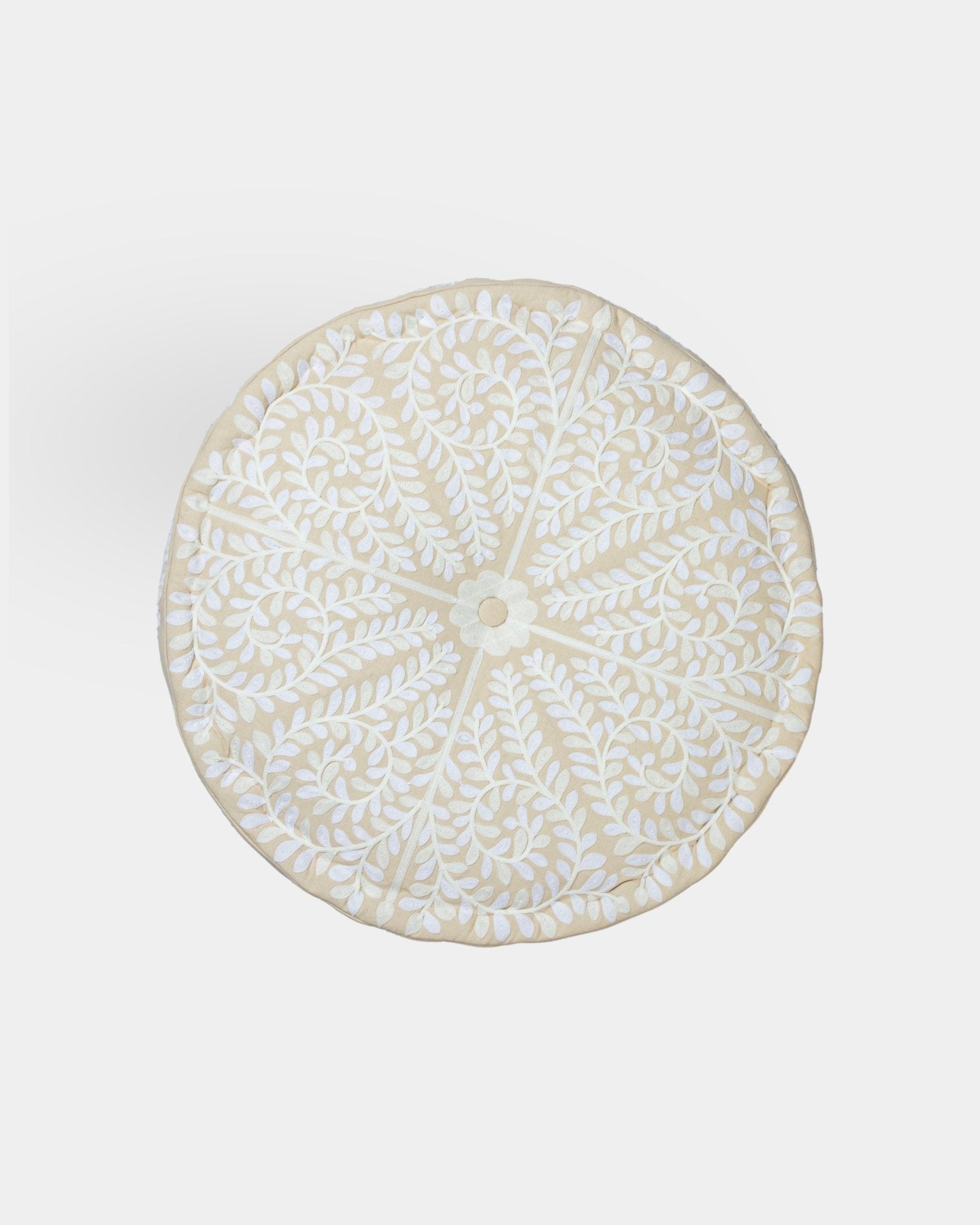 Ivory Suzani Pouf Foliage - Marble Lotus - Foliage Suzani Pouf Ivory.