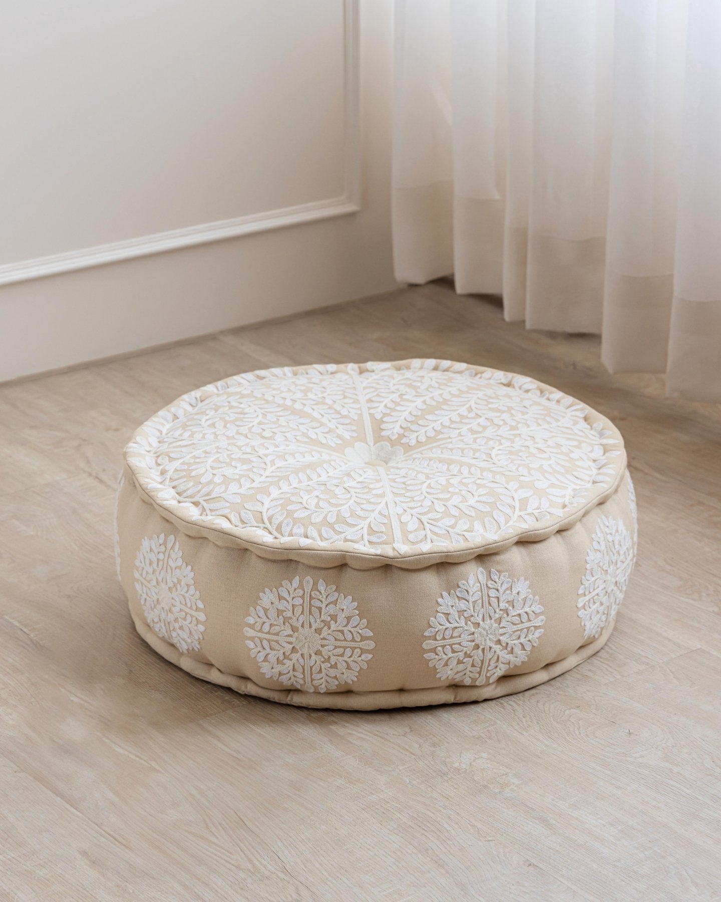 Ivory Suzani Pouf Foliage - Marble Lotus - Suzani Ottoman | Meditation Pouf | Stackable Pouf | White | Handmade