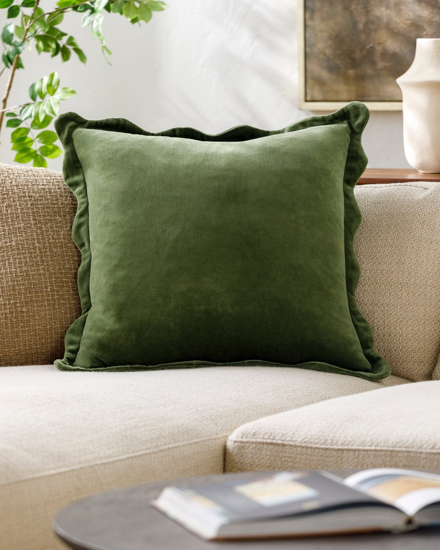 Ivy Green Cotton Scallop Edge Pillow - Marble Lotus - Green Cotton Scallop Edge Pillow. Order yours today