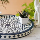 Large Navy Blue Wooden Inlay tray - Marble Lotus - Large Navy Blue Wooden Inlay Tray