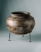 Large Noor Clay Pot (14"x12") - Marble Lotus - Order Silver Clay Pot with Iron Stand 14x12