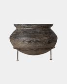 Large Raat Clay Pot (14"x10") - Marble Lotus - Black Clay Pot with Iron Stand 14x10