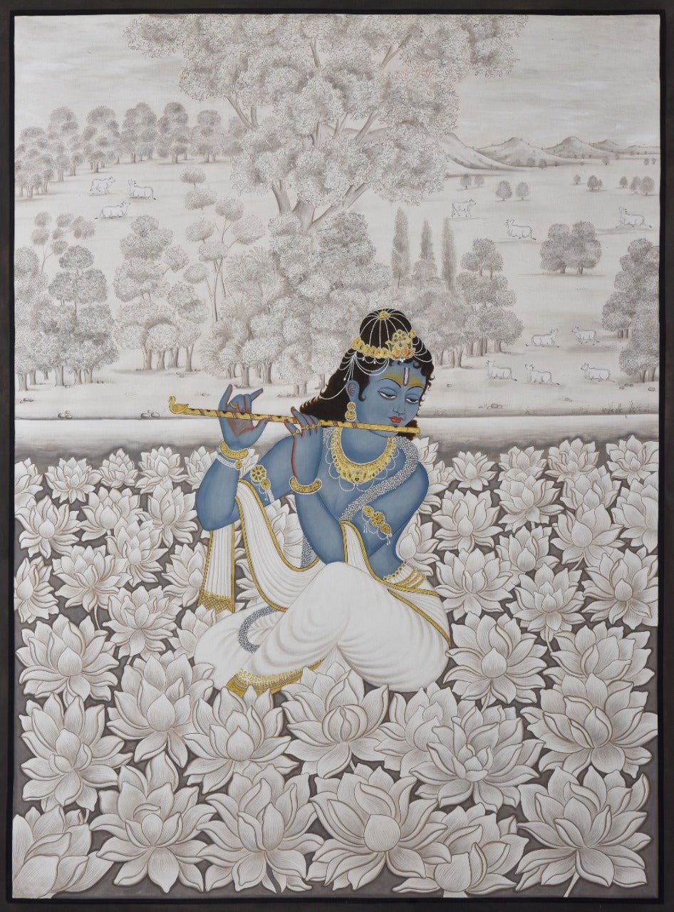 Lord Krishna with Flute - Marble Lotus - Pichwai Painting | Lord Krishna with Flute | Indian Art