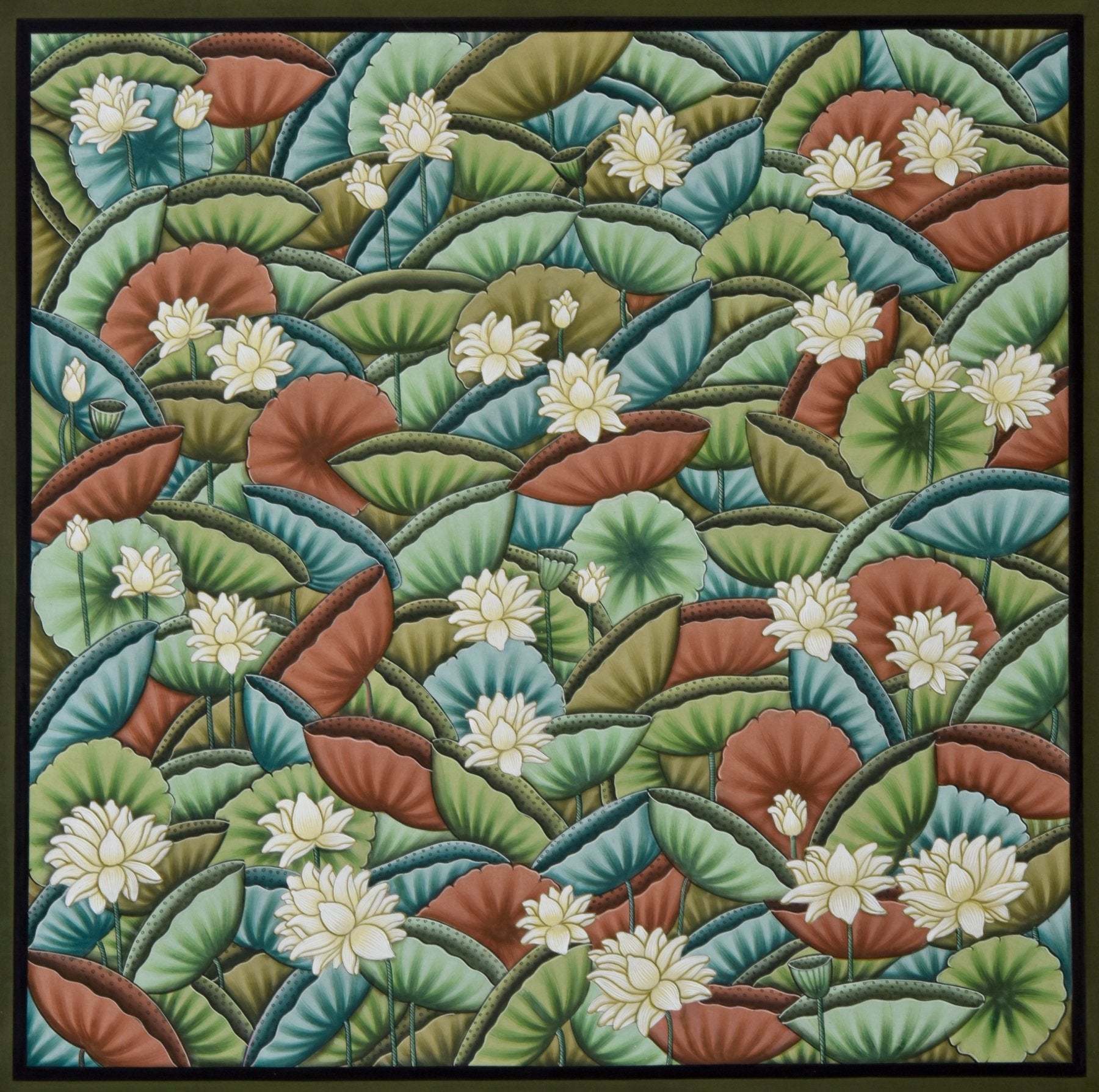 Lotuses and Colorful Lilypads - Marble Lotus - Pichwai Painting | Lotuses and Colorful Lillypads | Indian Art