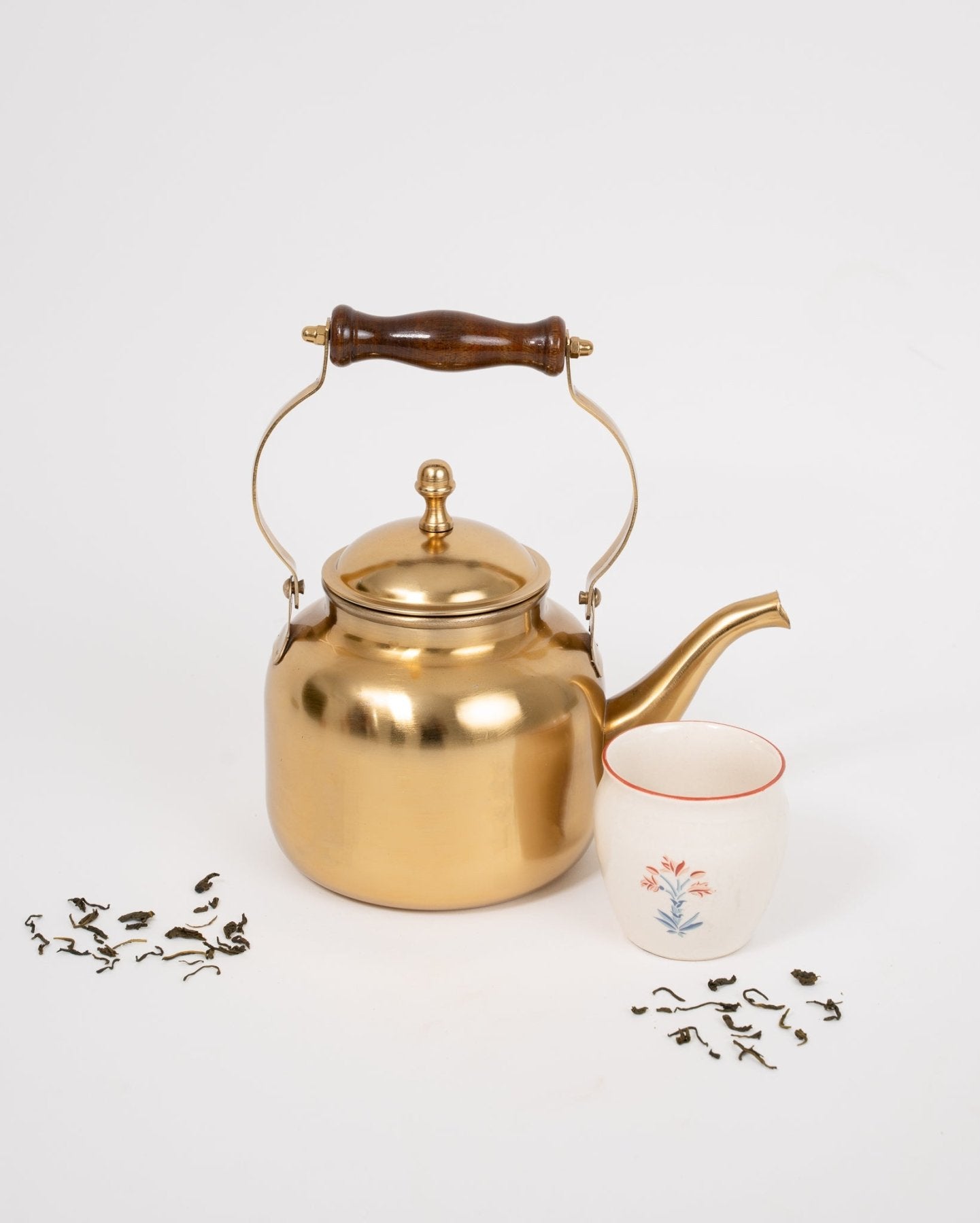 Matte Gold Tea Kettle with Wooden Handle - Marble Lotus - Stainless Steel Tea Kettle Gold