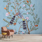 Morni, Peacock and Flowers Chinoiserie Design for Walls, Blue - Marble Lotus - Morni, Peacock and Flowers Chinoiserie Design for Walls, Blue