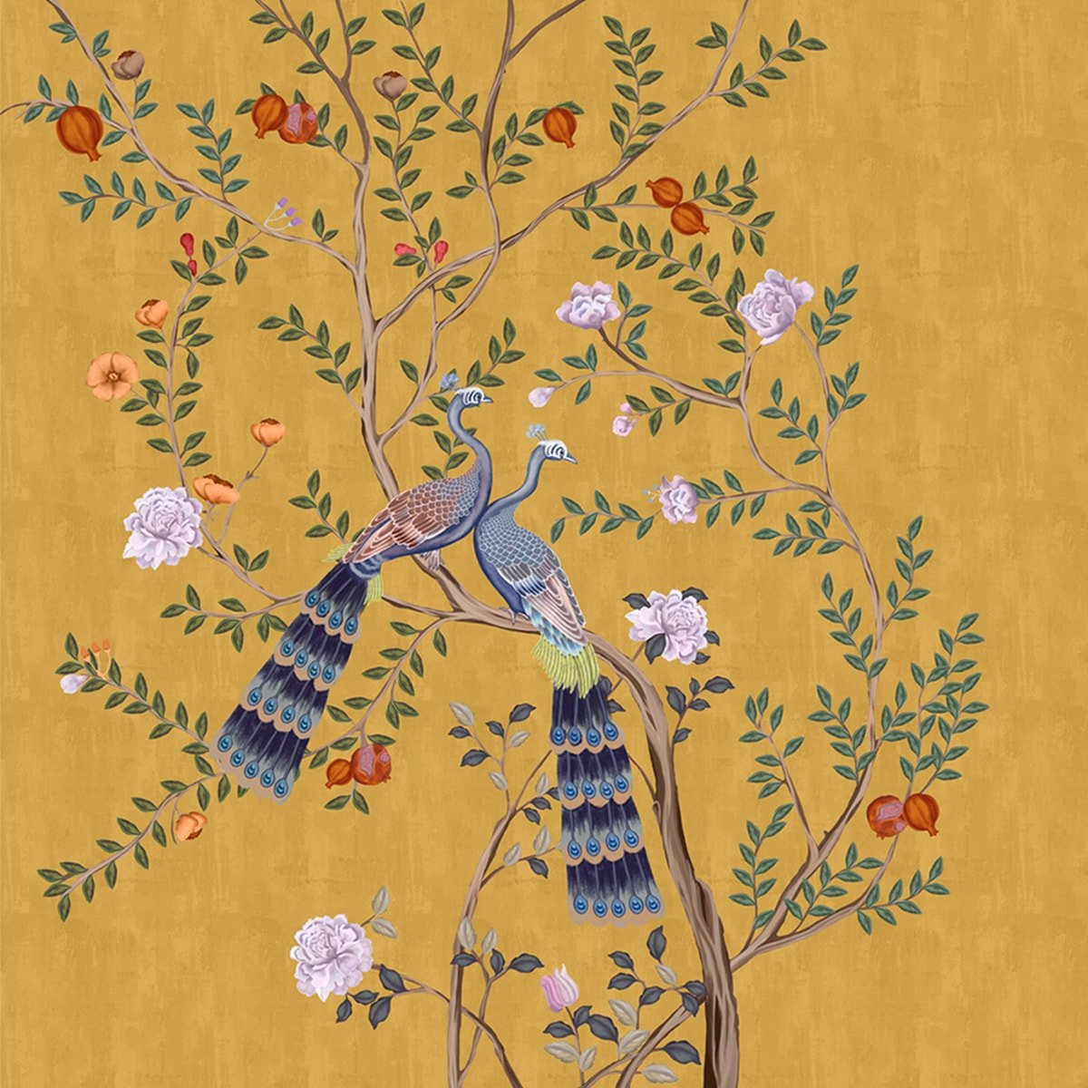 Morni, Peacock and Flowers Chinoiserie Design for Walls, Yellow - Marble Lotus - Morni, Peacock and Flowers Chinoiserie Design, Yellow