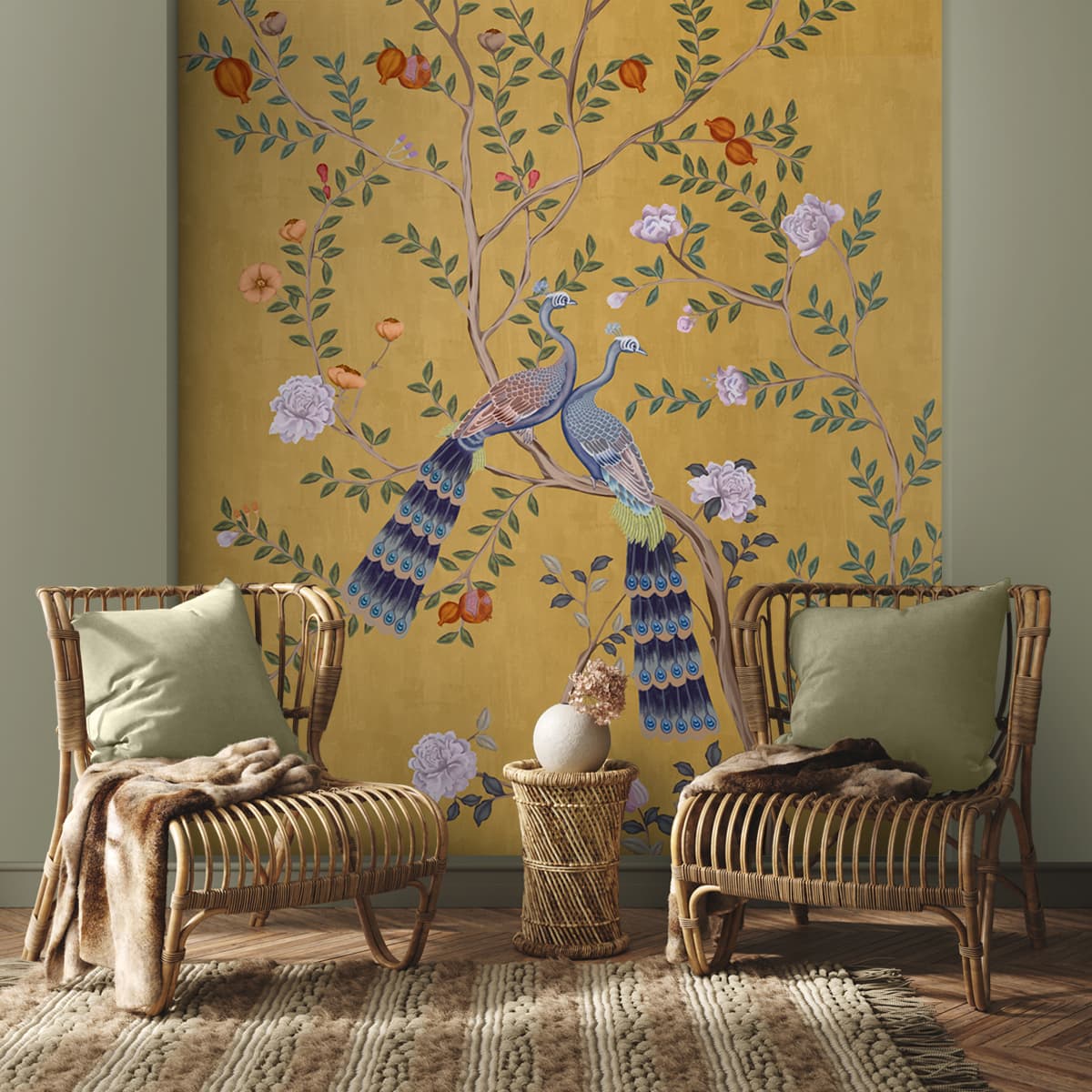 Morni, Peacock and Flowers Chinoiserie Design for Walls, Yellow - Marble Lotus - Morni, Peacock and Flowers Chinoiserie Design, Yellow