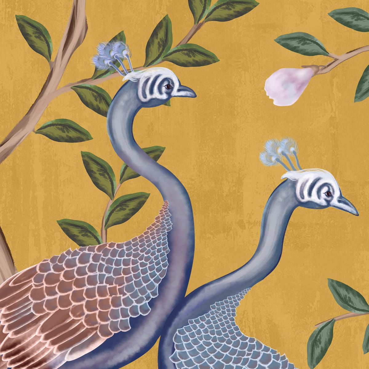 Morni, Peacock and Flowers Chinoiserie Design for Walls, Yellow - Marble Lotus - Morni, Peacock and Flowers Chinoiserie Design, Yellow