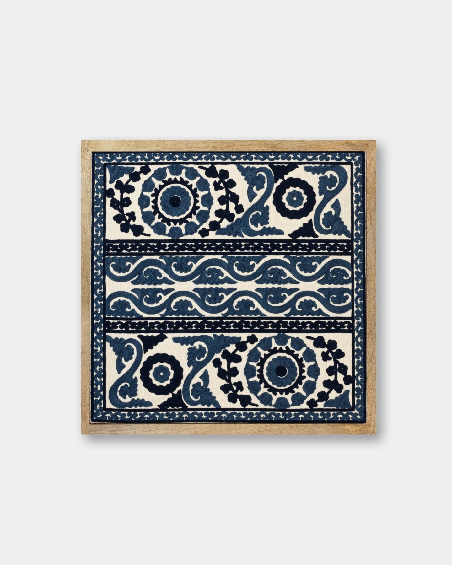 Navy Framed Suzani Textile 16x16" - Marble Lotus - Suzani Textile | Blue Framed Textile Art 16x16"